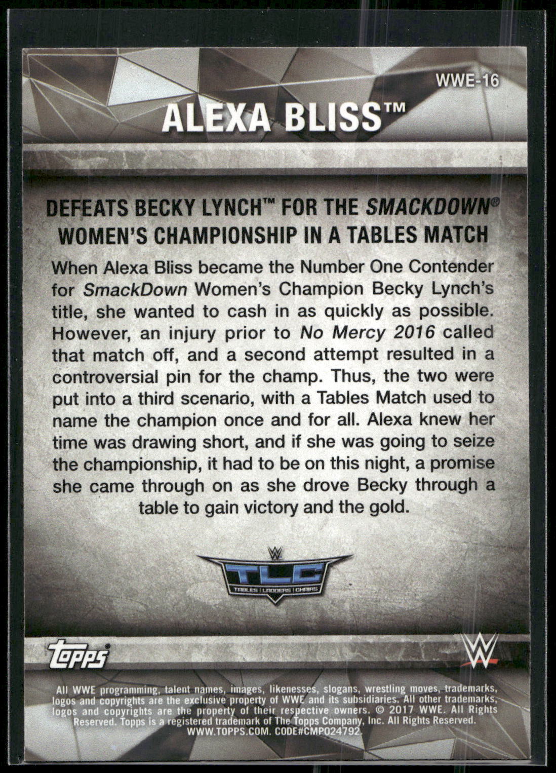 2017 Topps WWE Women's Division #WWE-16 Alexa Bliss WWE Matches and Moments