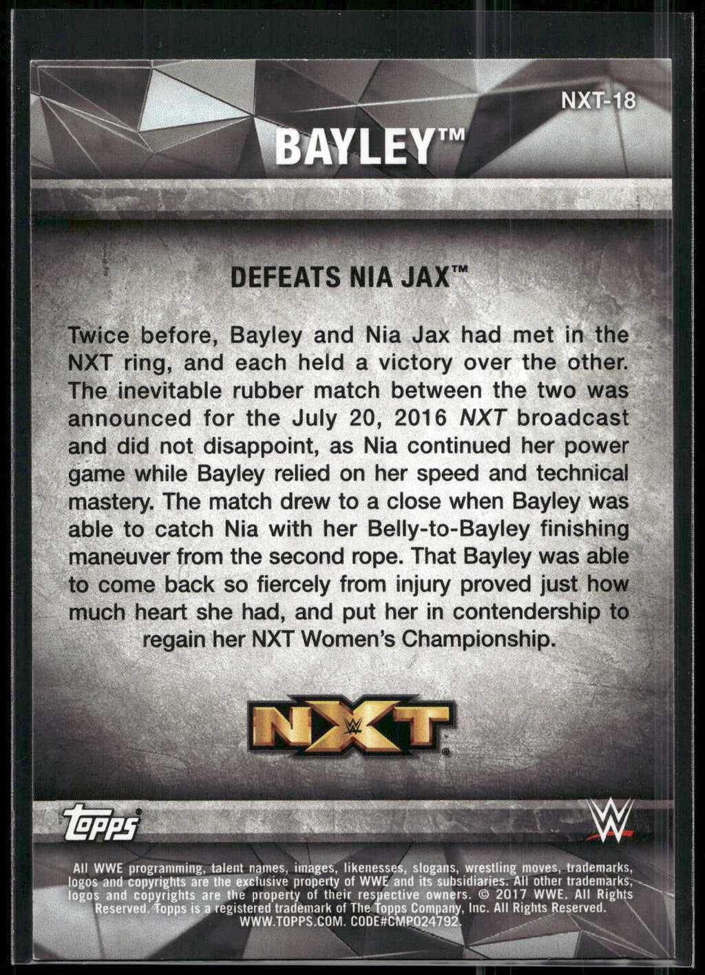 2017 Topps WWE Women's Division #NXT-18 Bayley NXT Matches and Moments