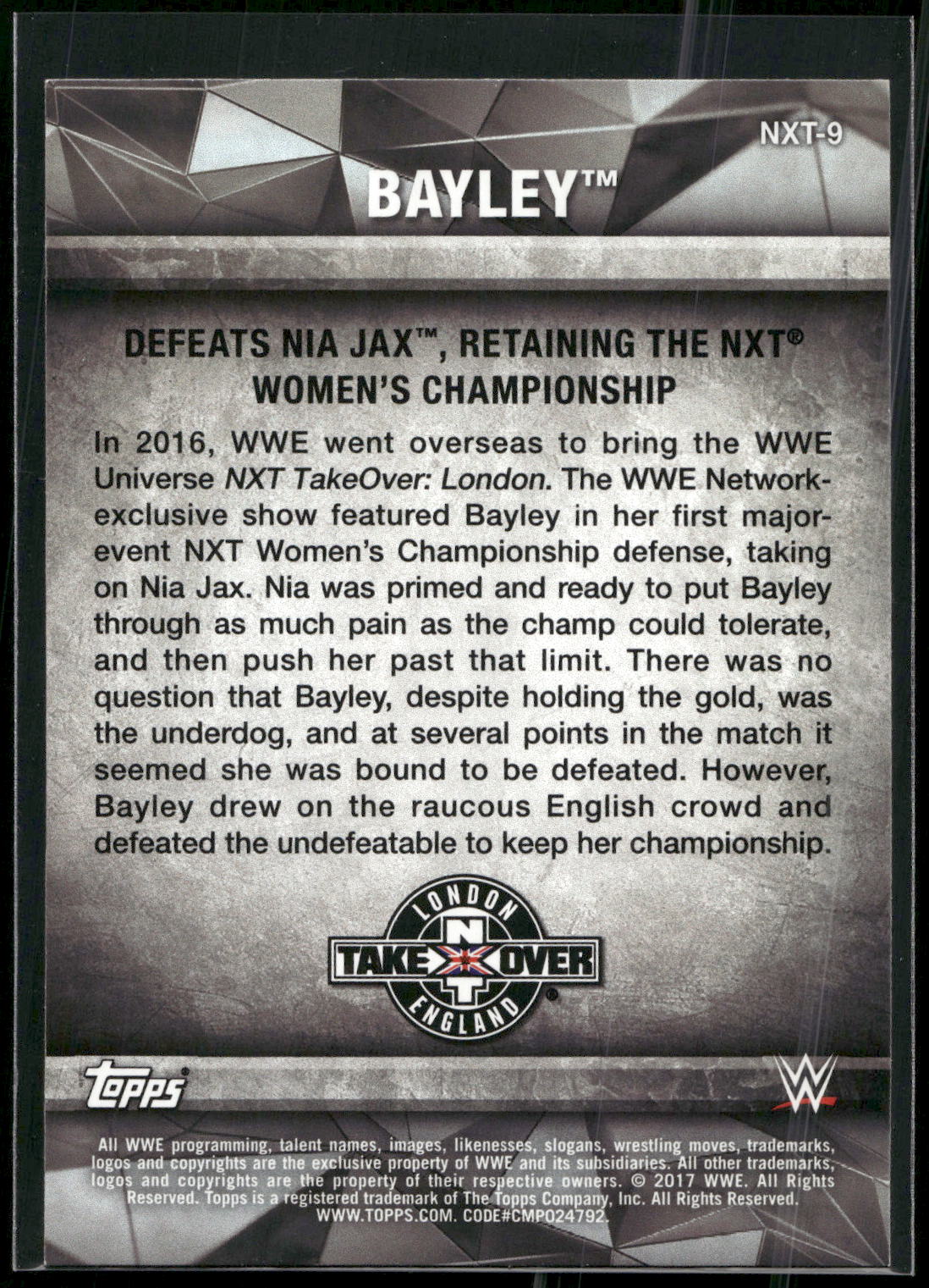 2017 Topps WWE Women's Division #NXT-9 Bayley NXT Matches and Moments