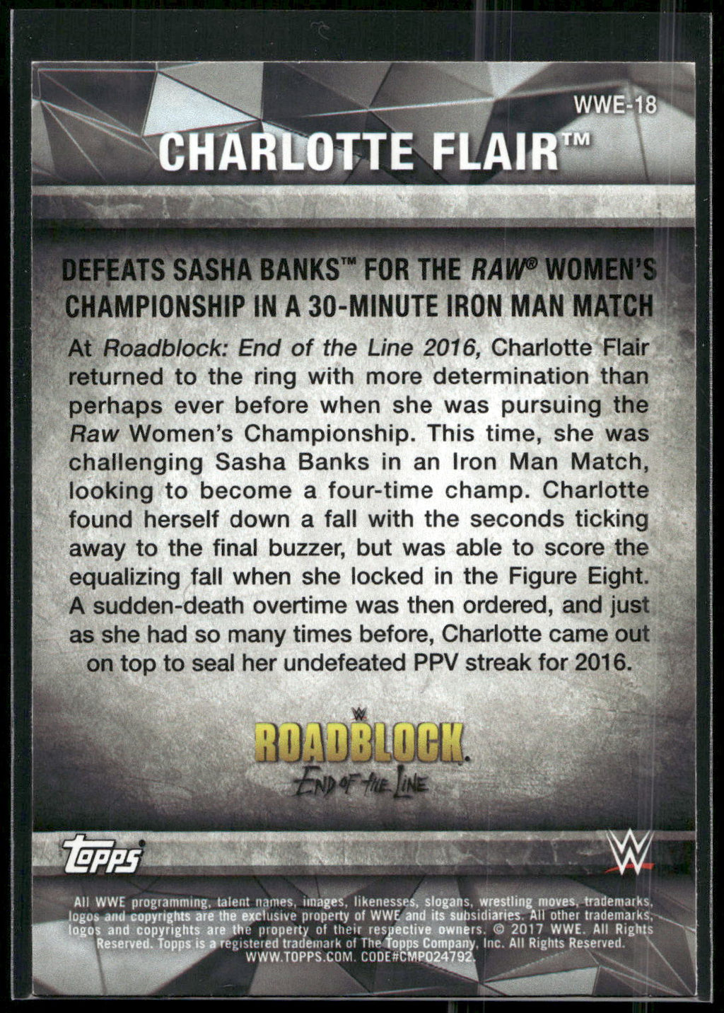 2017 Topps WWE Women's Division #WWE-18 Charlotte WWE Matches and Moments
