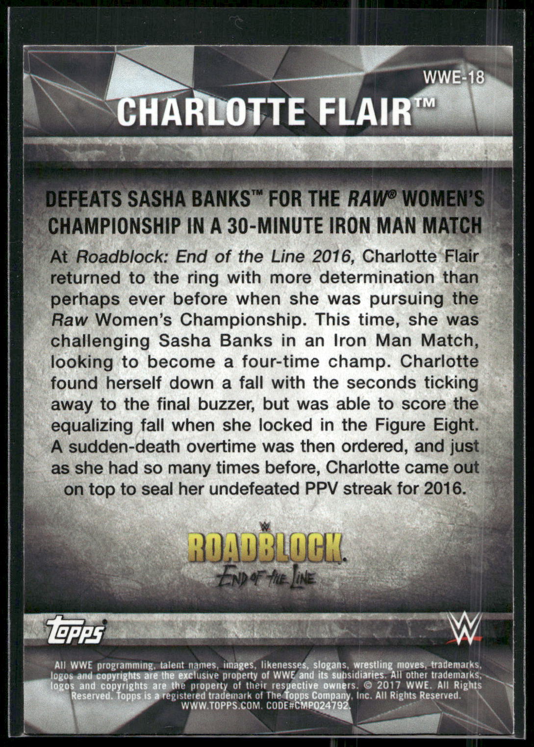 2017 Topps WWE Women's Division #WWE-18 Charlotte WWE Matches and Moments
