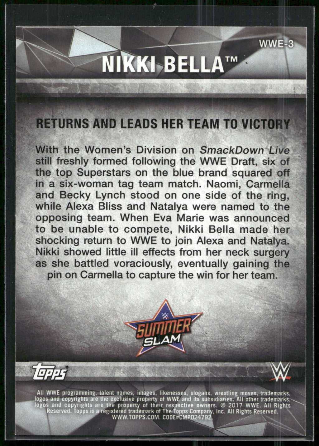 2017 Topps WWE Women's Division #WWE-3 Nikki Bella WWE Matches and Moments