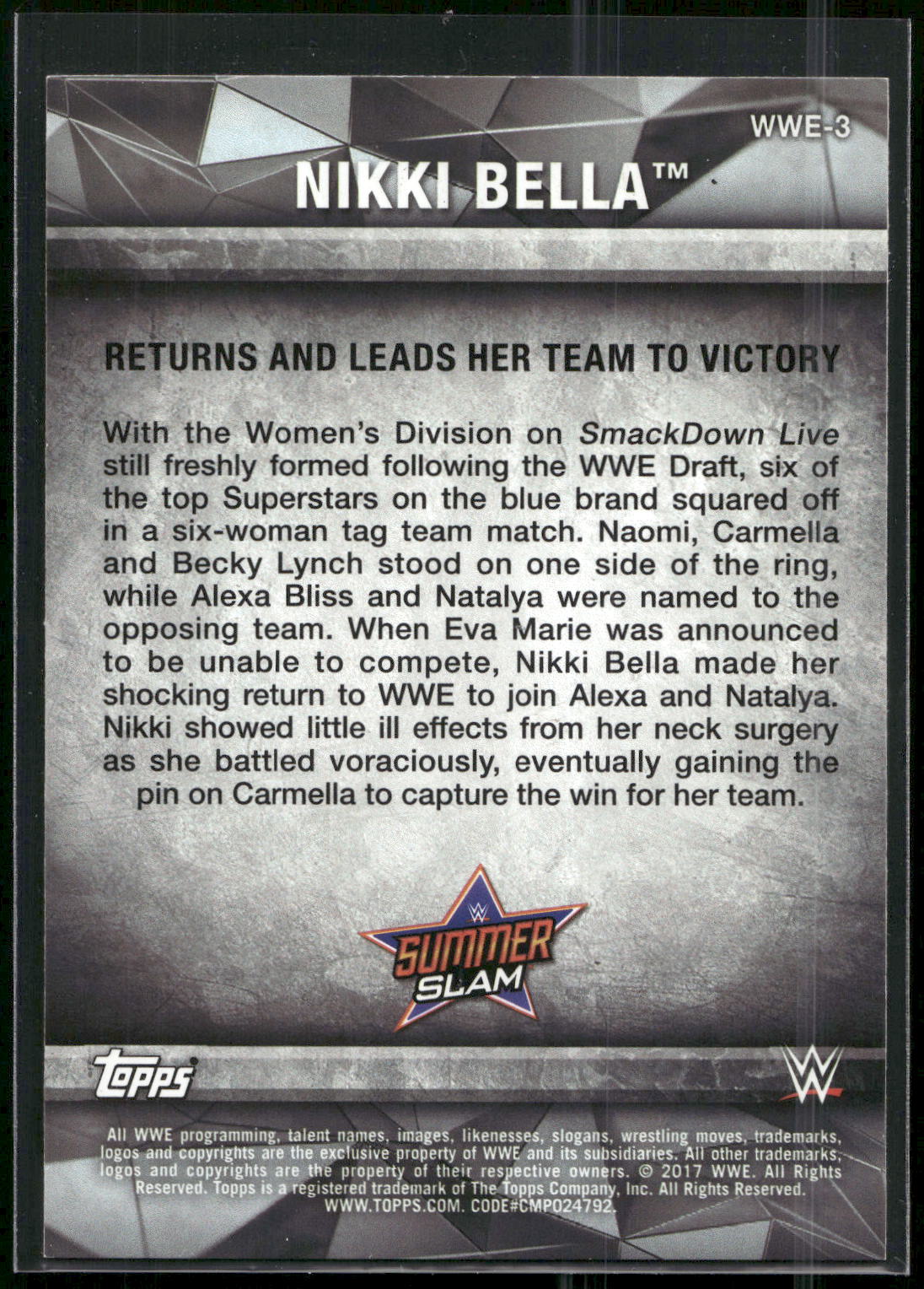 2017 Topps WWE Women's Division #WWE-3 Nikki Bella WWE Matches and Moments