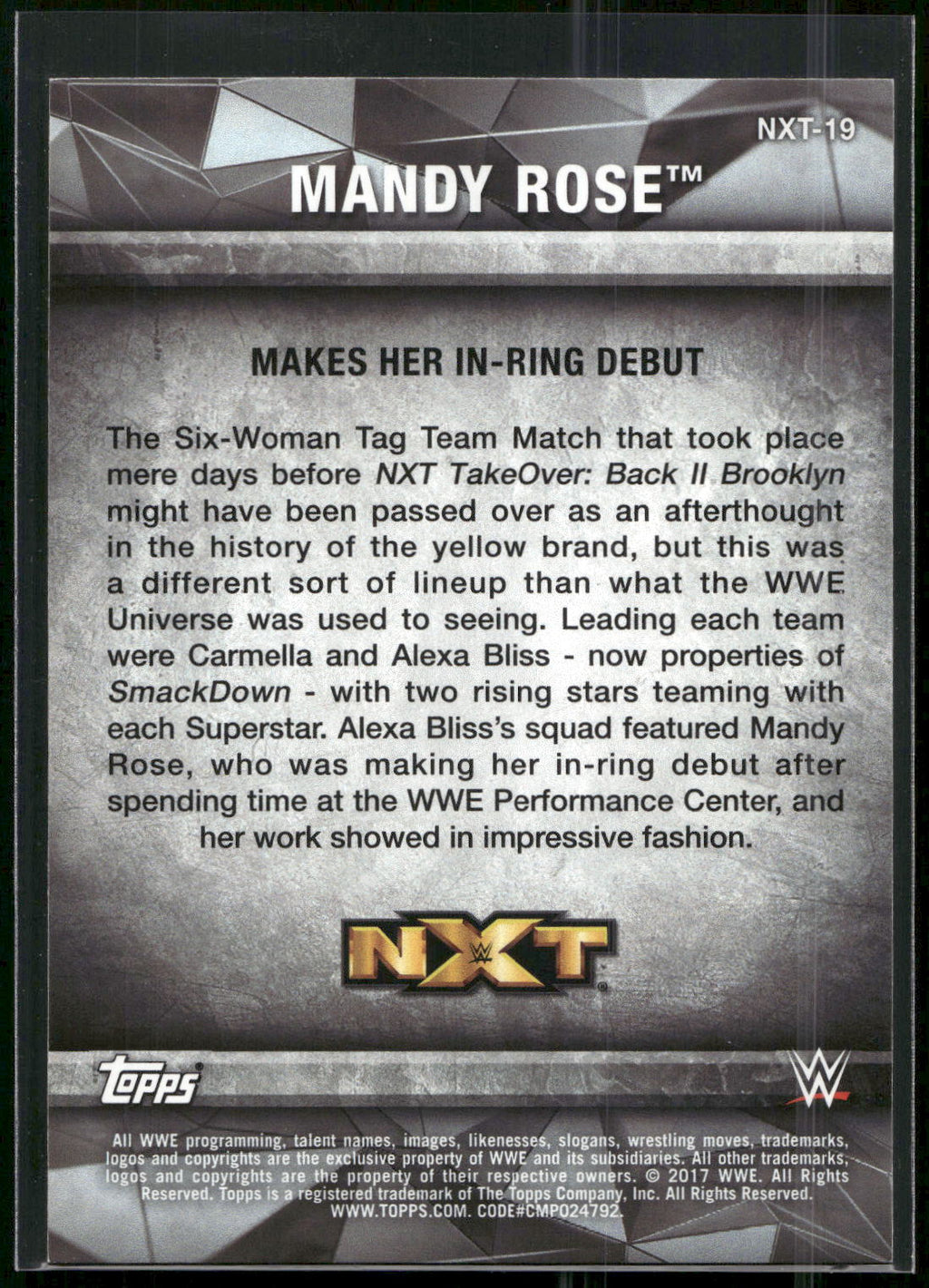 2017 Topps WWE Women's Division #NXT-19 Mandy Rose NXT Matches and Moments