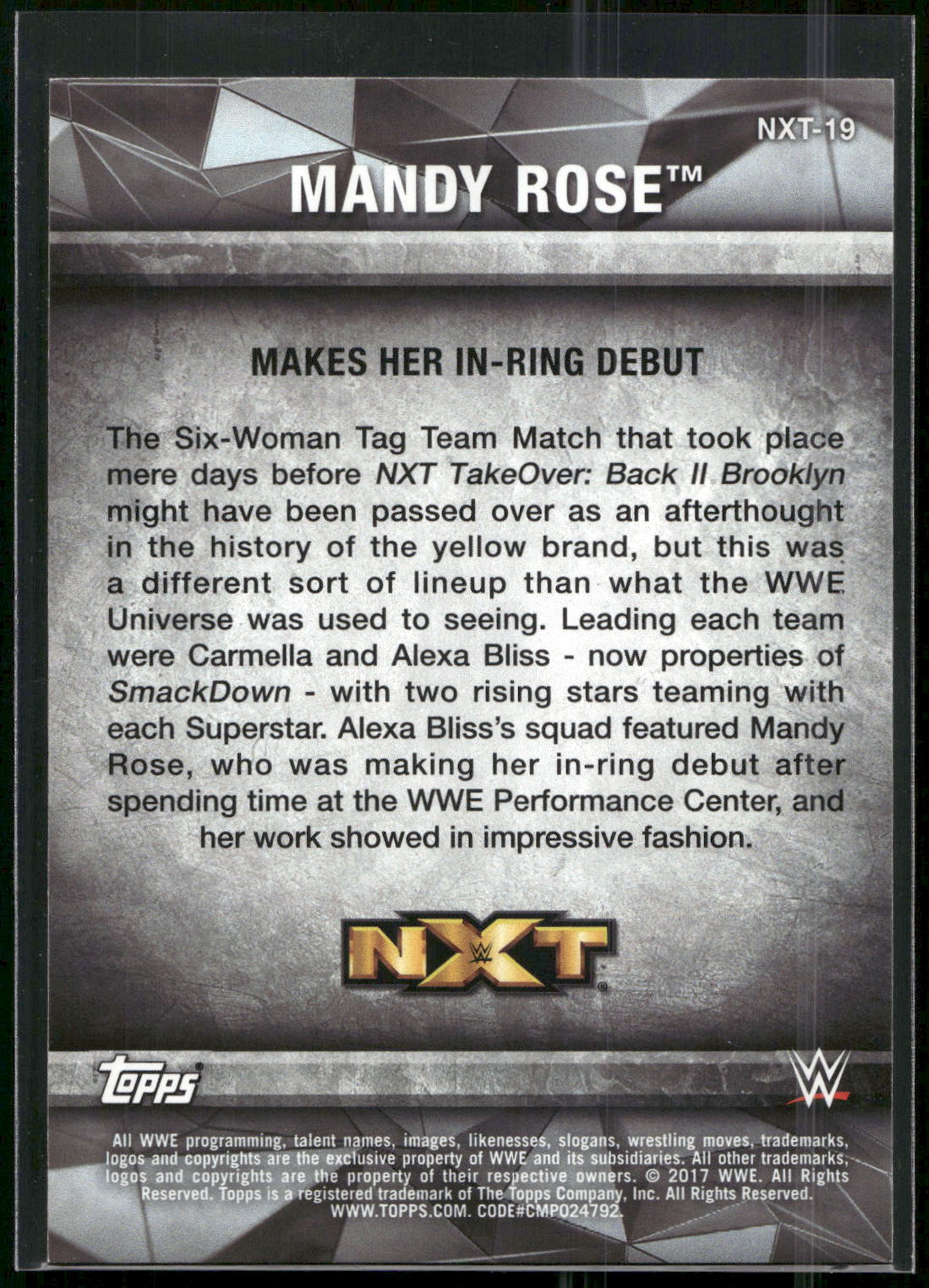 2017 Topps WWE Women's Division #NXT-19 Mandy Rose NXT Matches and Moments