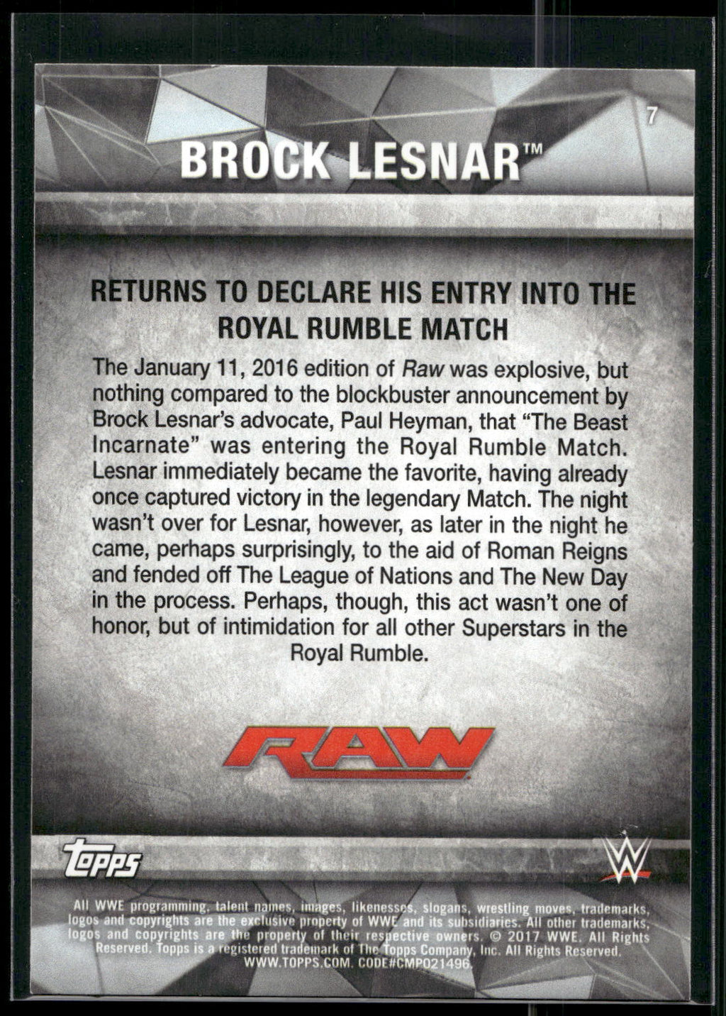 2017 Topps WWE Road To Wrestlemania #7 Brock Lesnar