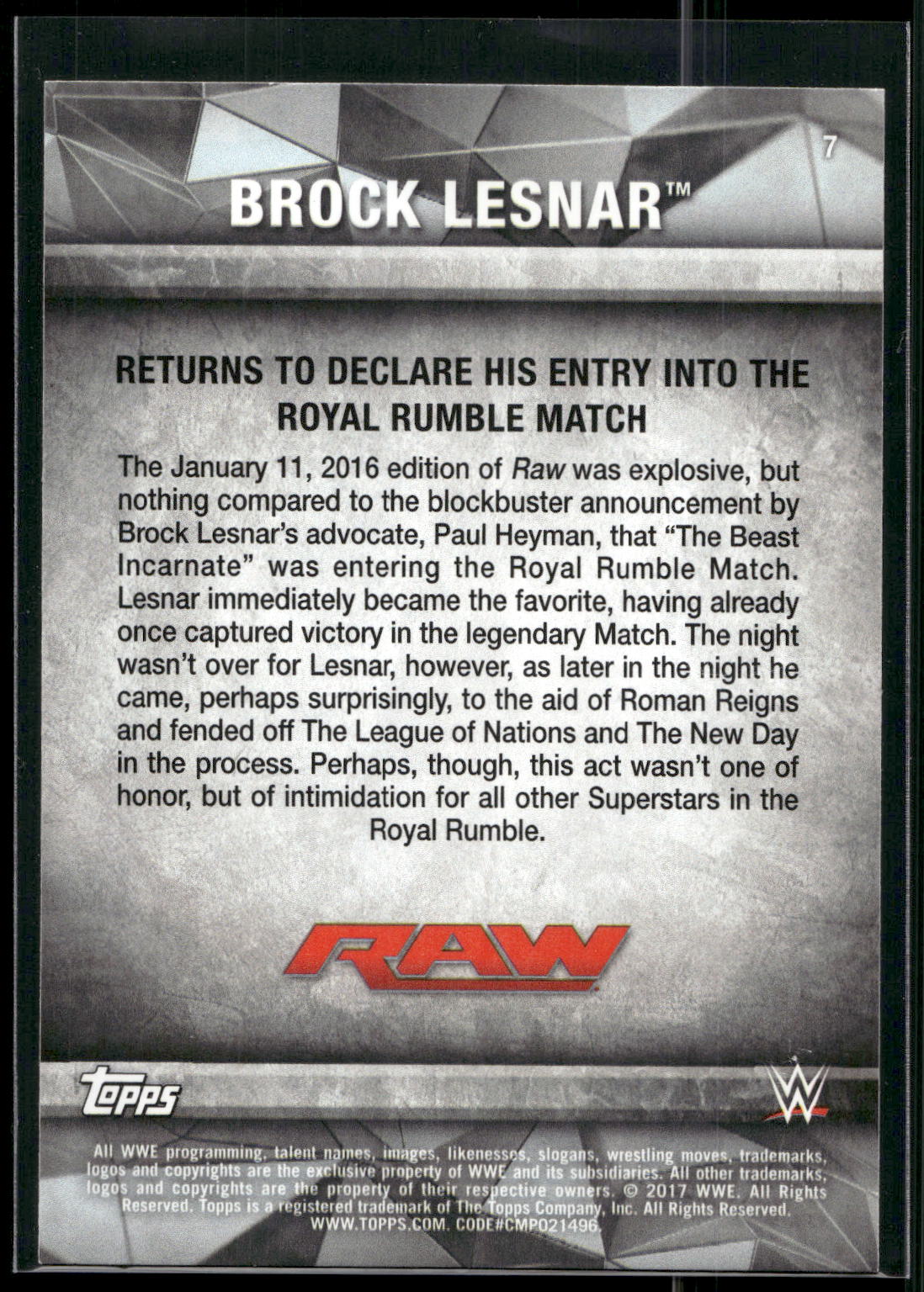 2017 Topps WWE Road To Wrestlemania #7 Brock Lesnar