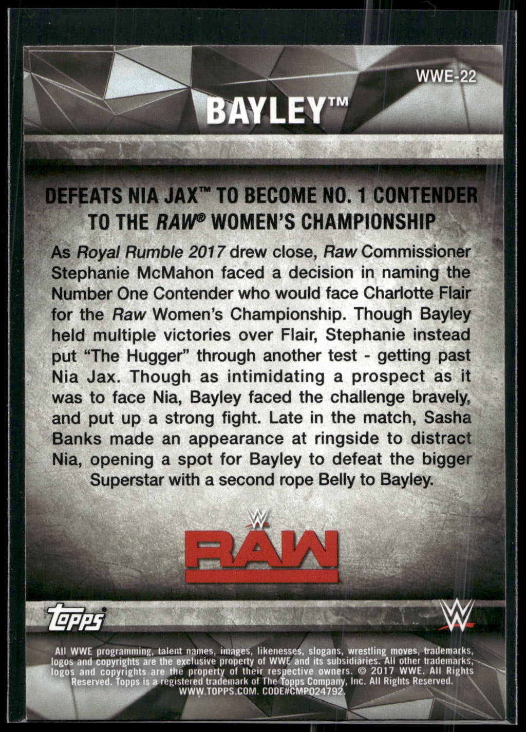 2017 Topps WWE Women's Division #WWE-22 Bayley WWE Matches and Moments