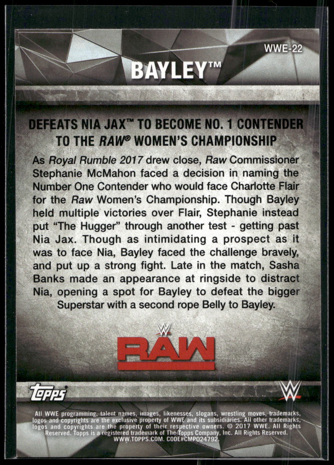 2017 Topps WWE Women's Division #WWE-22 Bayley WWE Matches and Moments