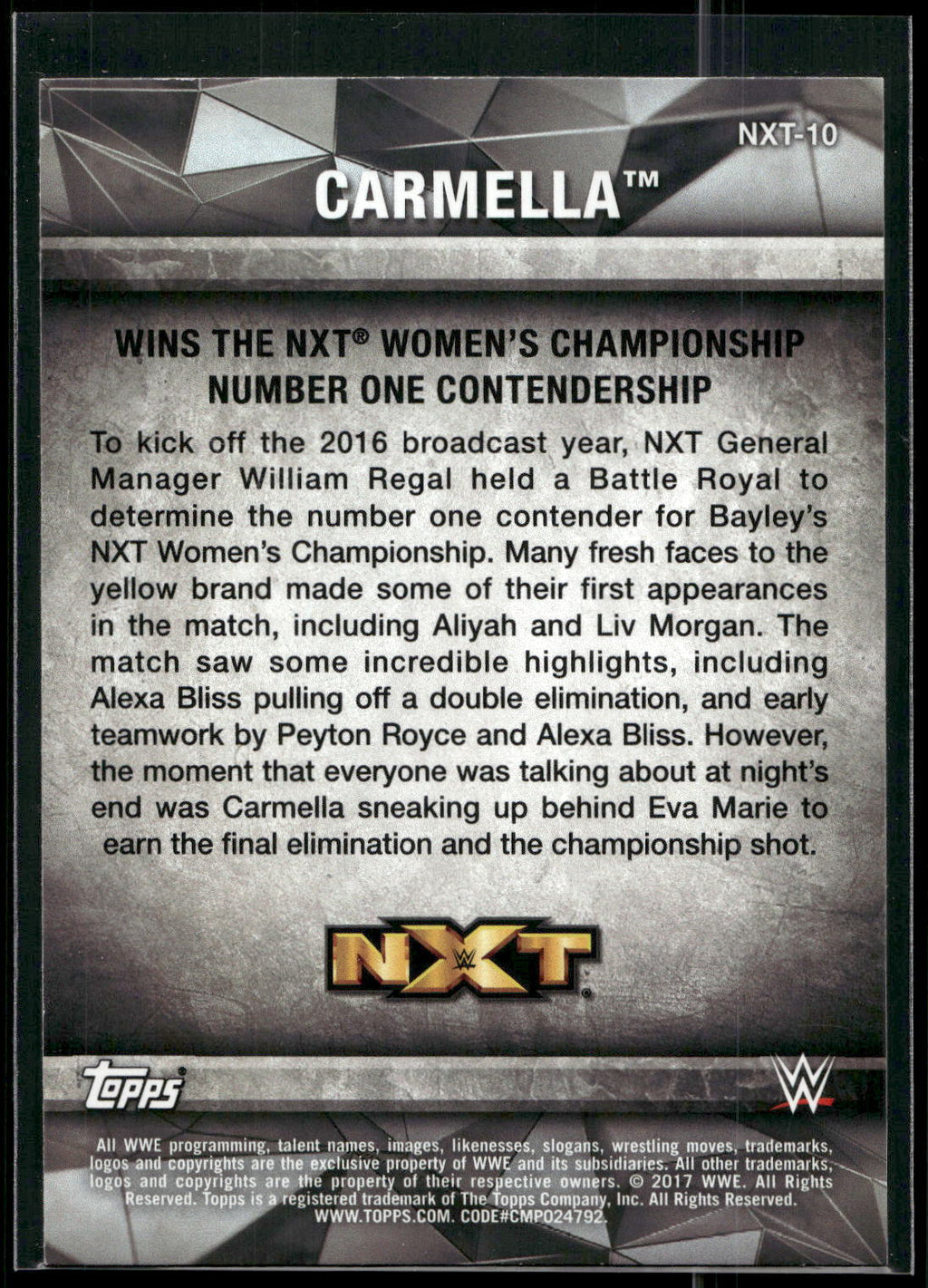 2017 Topps WWE Women's Division #NXT-10 Carmella NXT Matches and Moments
