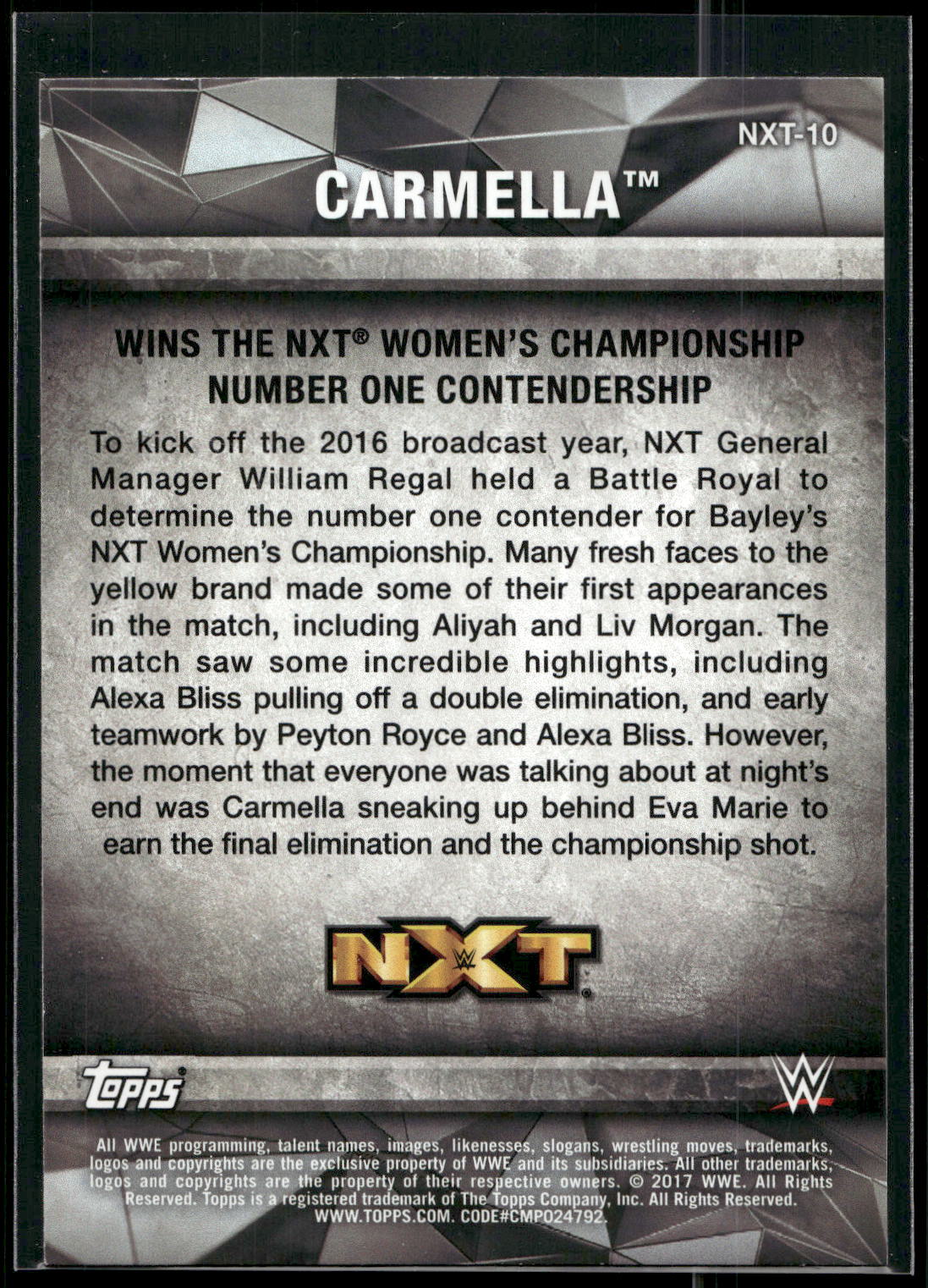 2017 Topps WWE Women's Division #NXT-10 Carmella NXT Matches and Moments