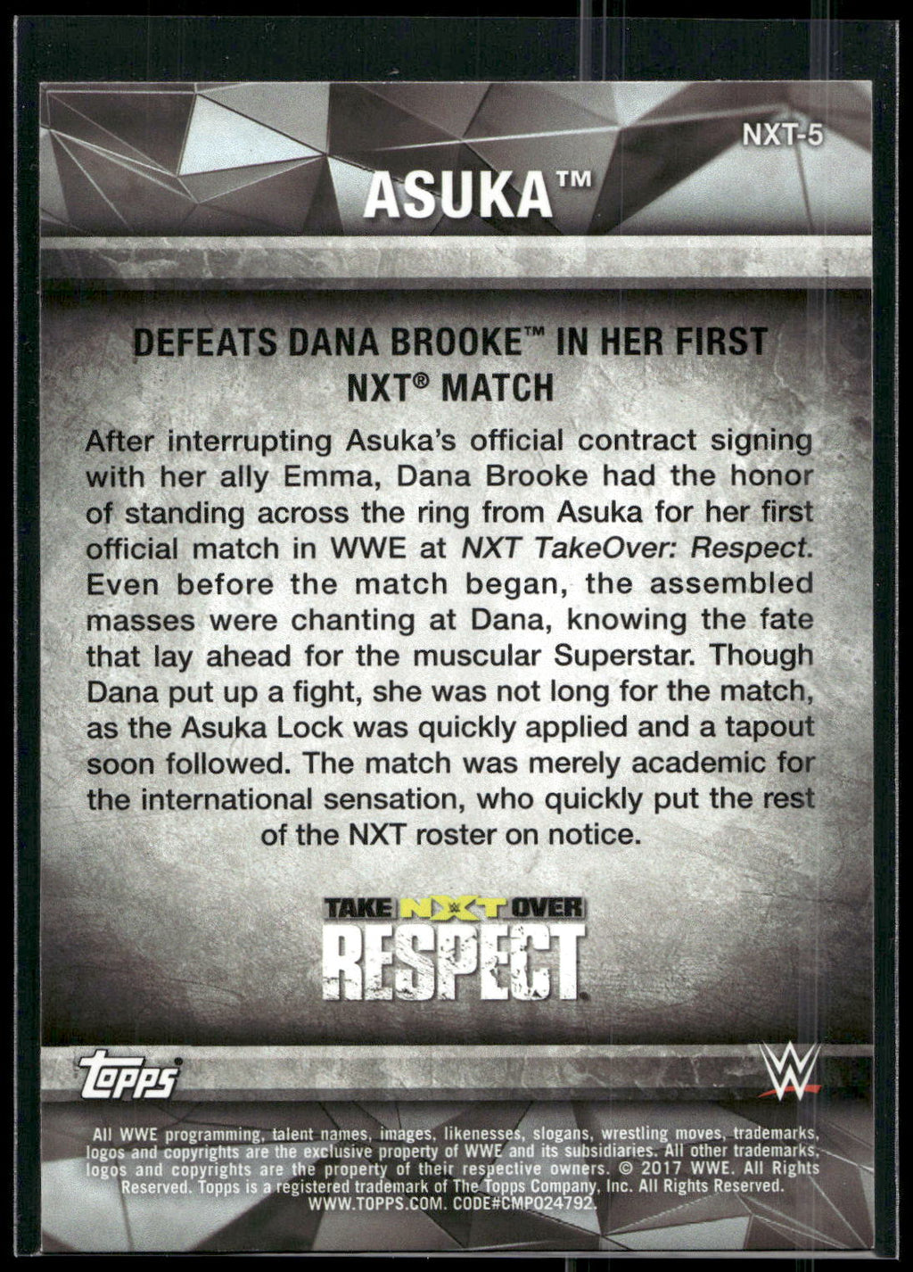2017 Topps WWE Women's Division #NXT-5 Asuka NXT Matches and Moments