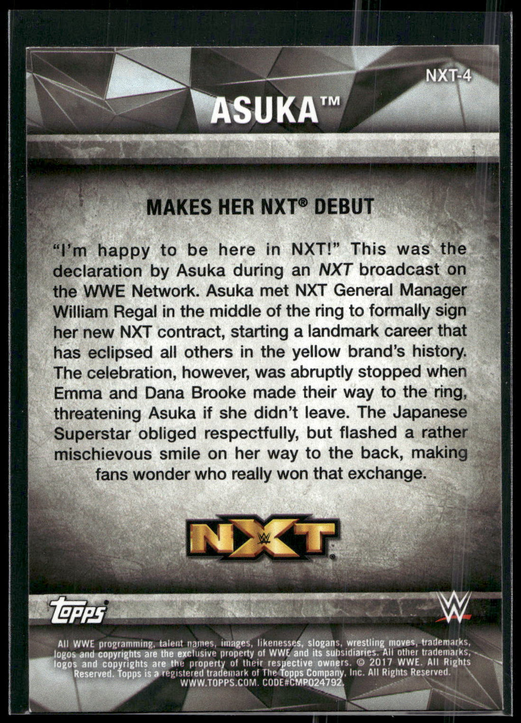 2017 Topps WWE Women's Division #NXT-4 Asuka NXT Matches and Moments