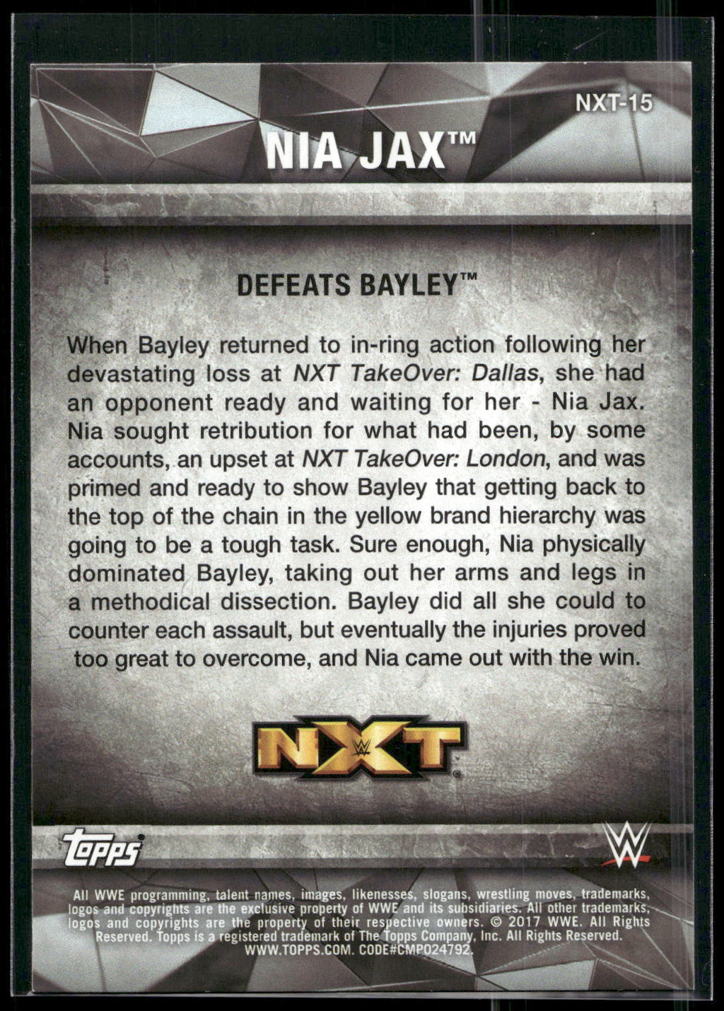 2017 Topps WWE Women's Division #NXT-15 Nia Jax NXT Matches and Moments