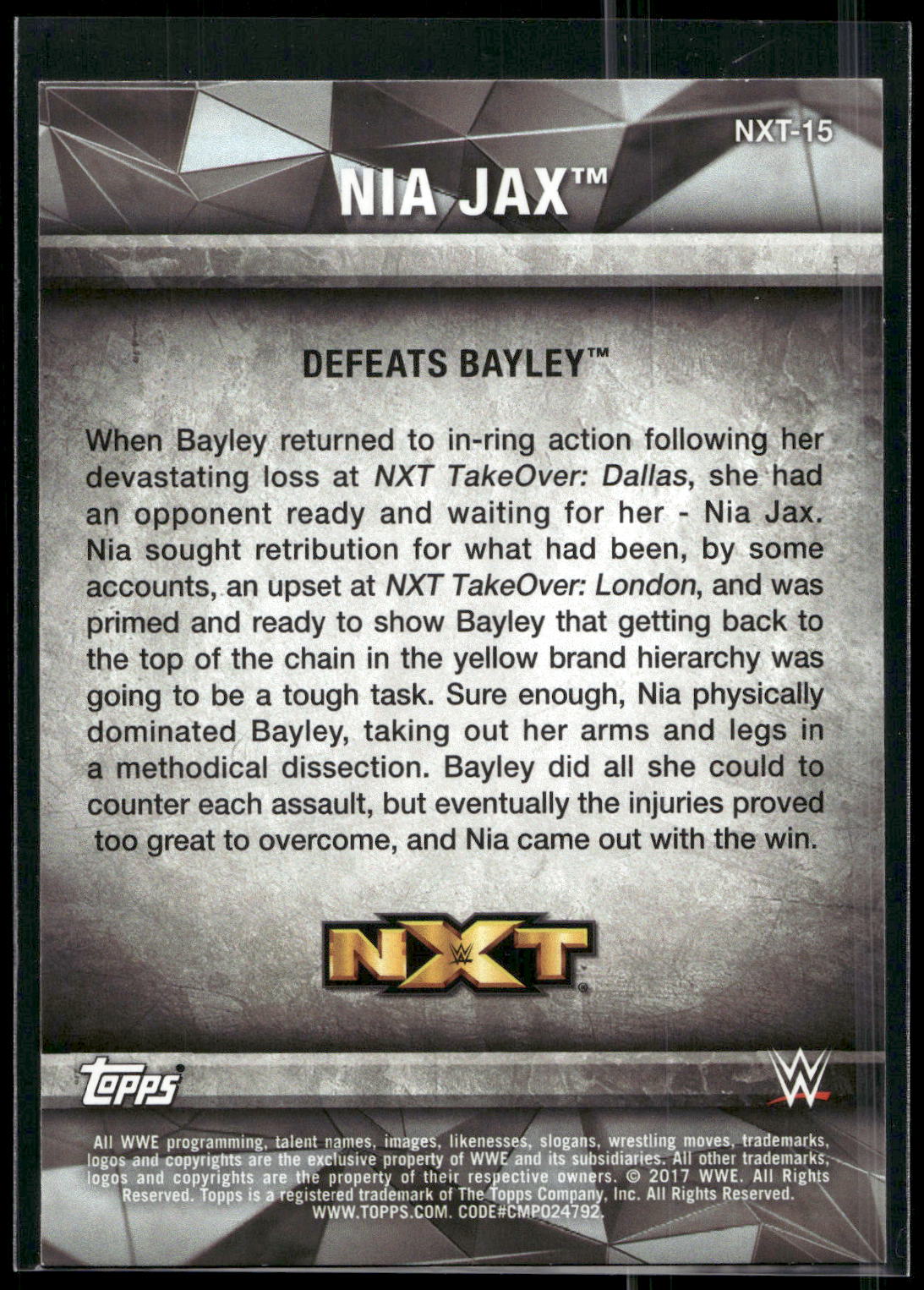 2017 Topps WWE Women's Division #NXT-15 Nia Jax NXT Matches and Moments