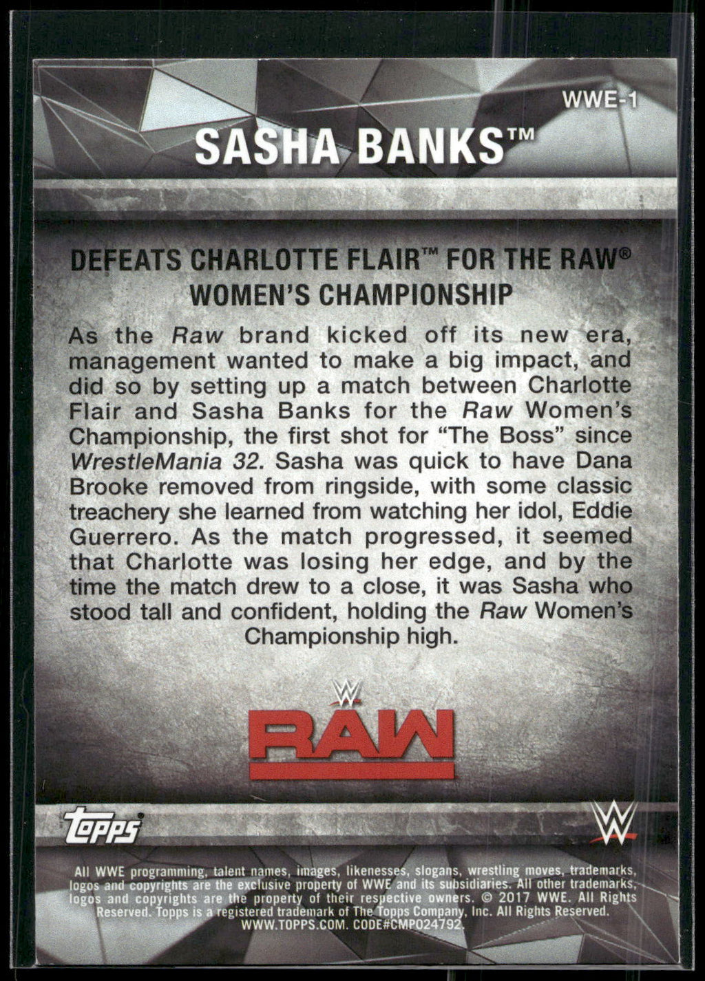 2017 Topps WWE Women's Division #WWE-1 Sasha Banks WWE Matches and Moments