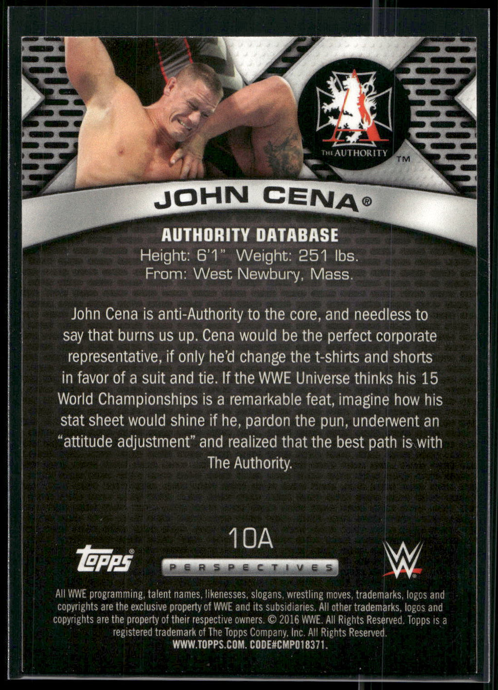 2016 Topps WWE #10A John Cena Authority Database