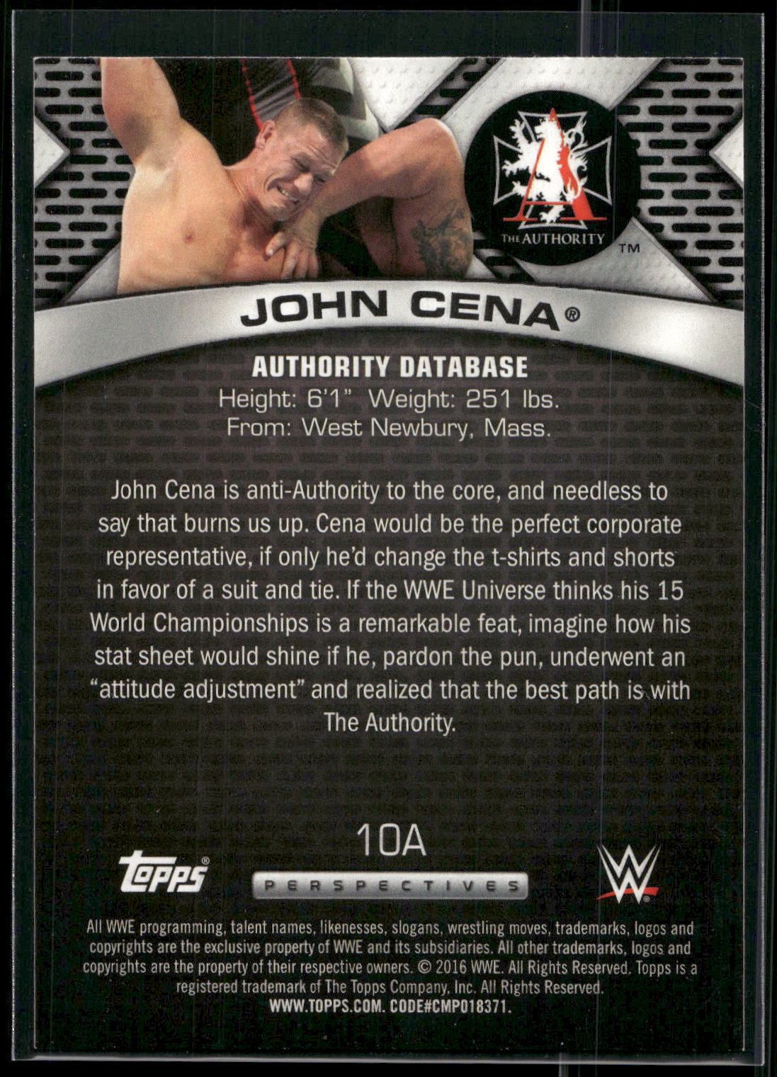2016 Topps WWE #10A John Cena Authority Database