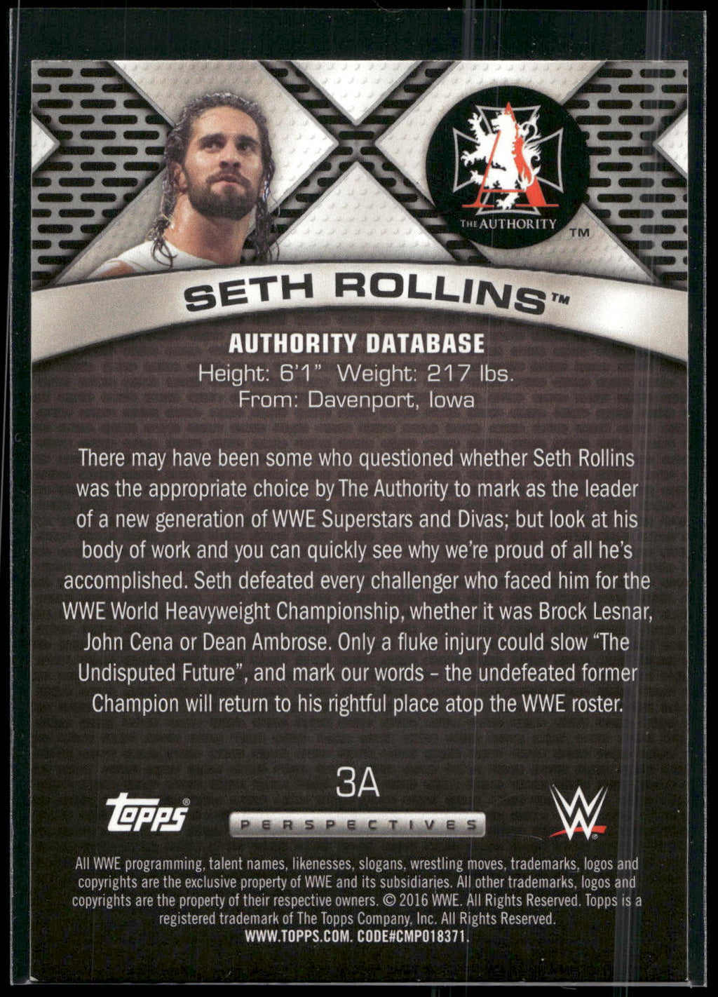 2016 Topps WWE #3A Seth Rollins Authority Database