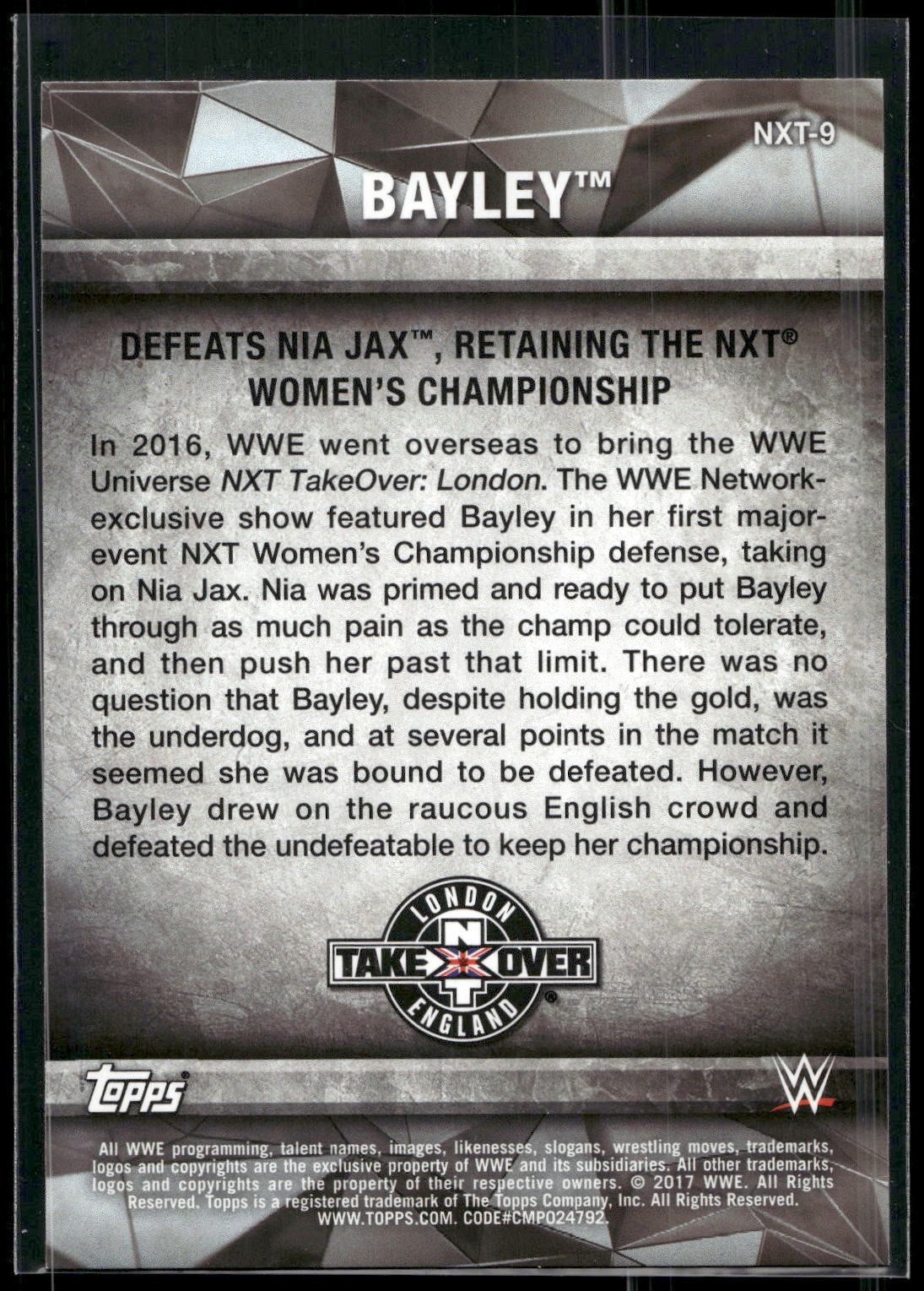 2017 Topps WWE Women's Division #NXT-9 Bayley NXT Matches and Moments