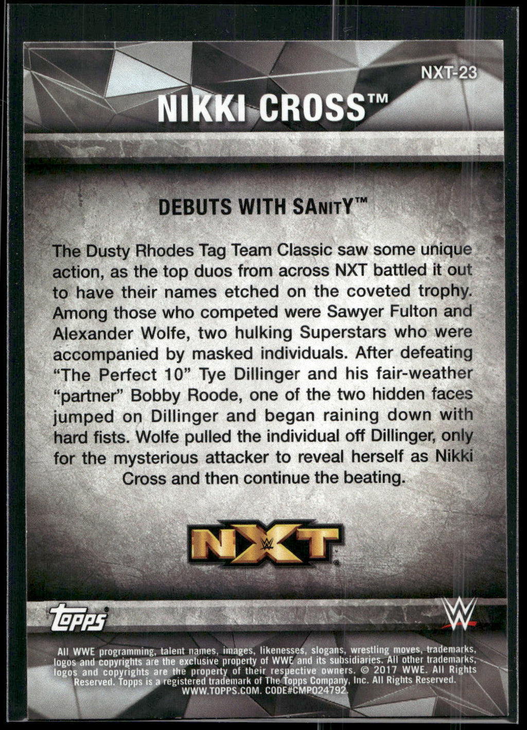 2017 Topps WWE Women's Division #NXT-23 Nikki Cross NXT Matches and Moments