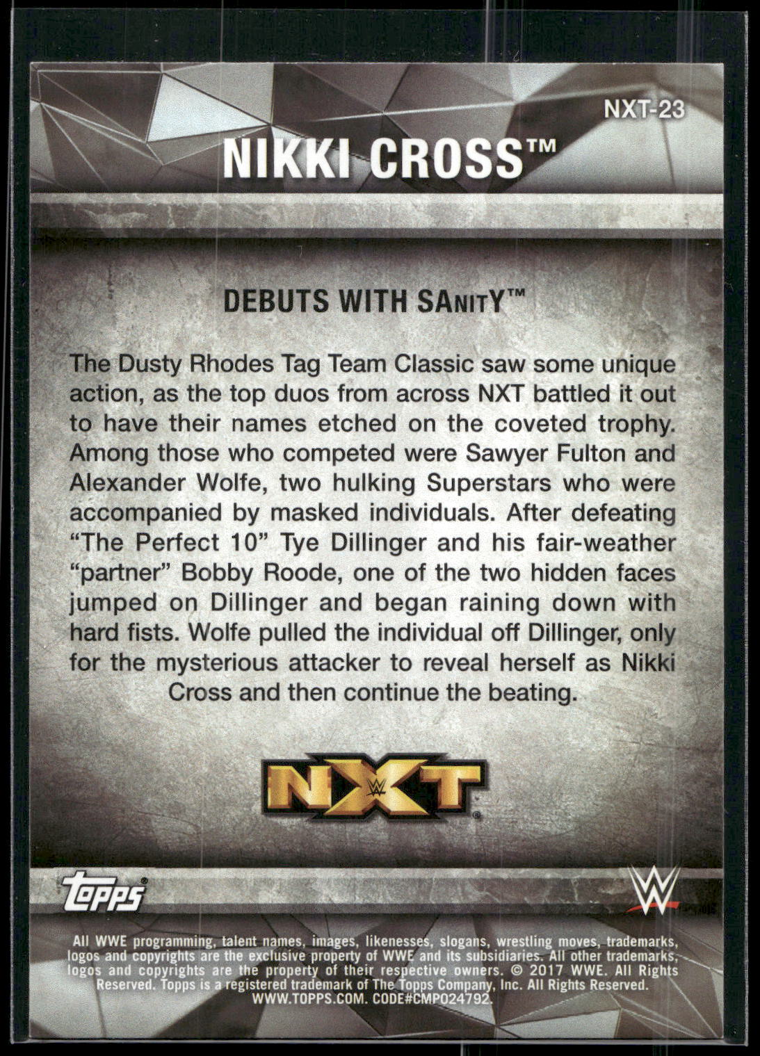 2017 Topps WWE Women's Division #NXT-23 Nikki Cross NXT Matches and Moments
