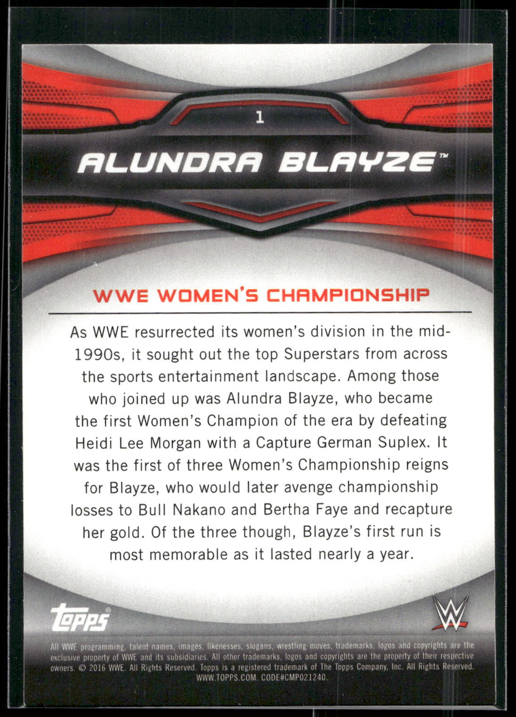2016 Topps WWE Divas Revolution #1 Alundra Blayze Historic Women's Champions