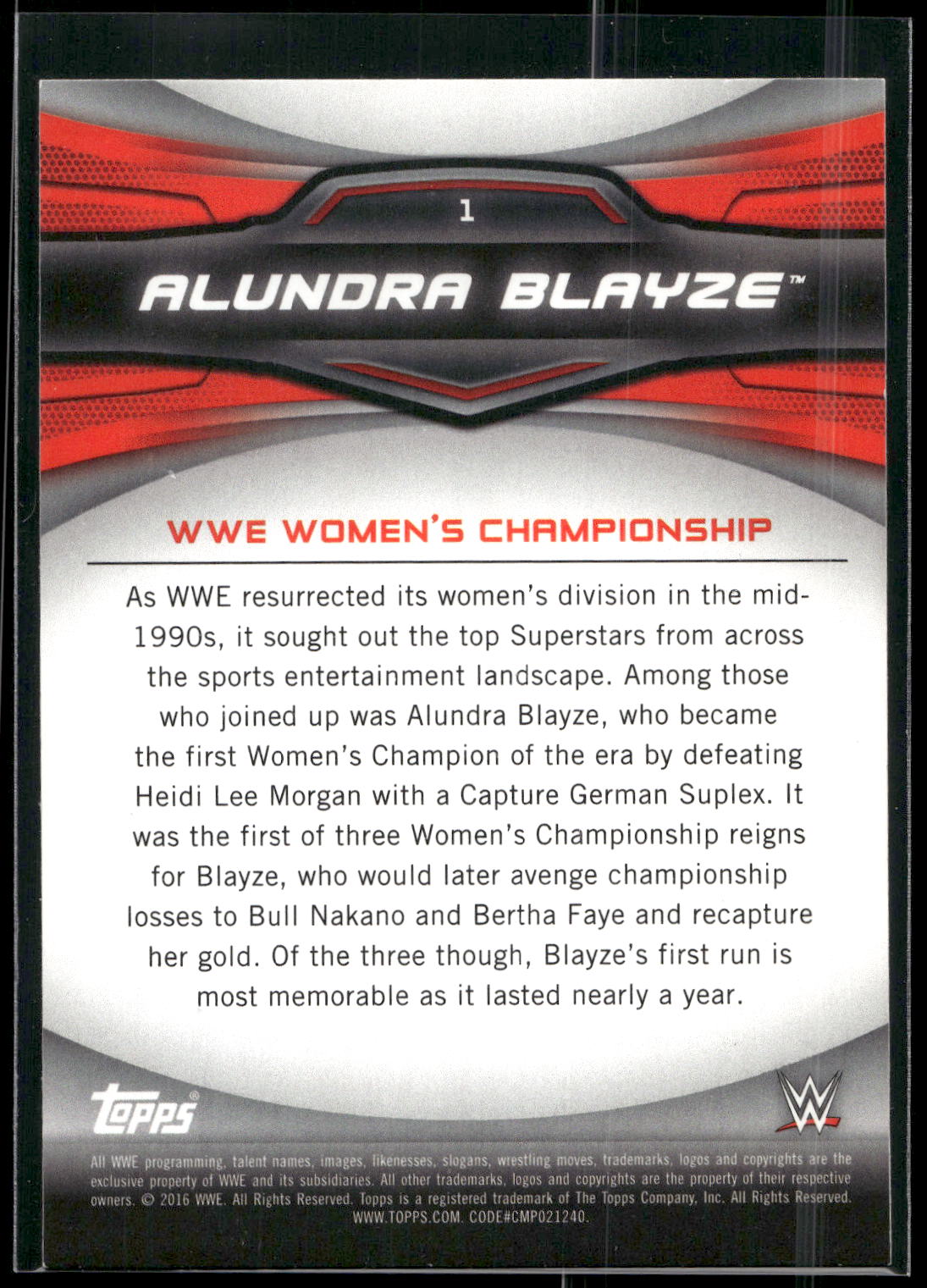 2016 Topps WWE Divas Revolution #1 Alundra Blayze Historic Women's Champions