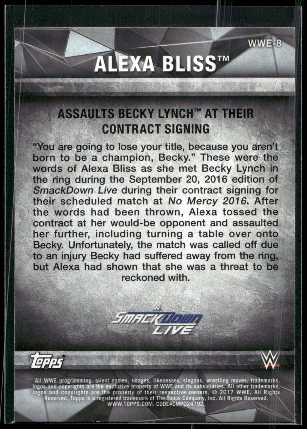 2017 Topps WWE Women's Division #WWE-8 Alexa Bliss WWE Matches and Moments