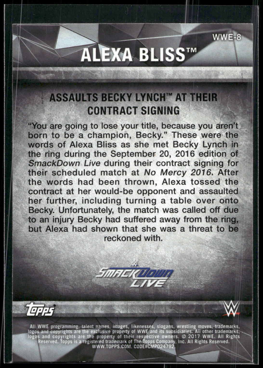 2017 Topps WWE Women's Division #WWE-8 Alexa Bliss WWE Matches and Moments