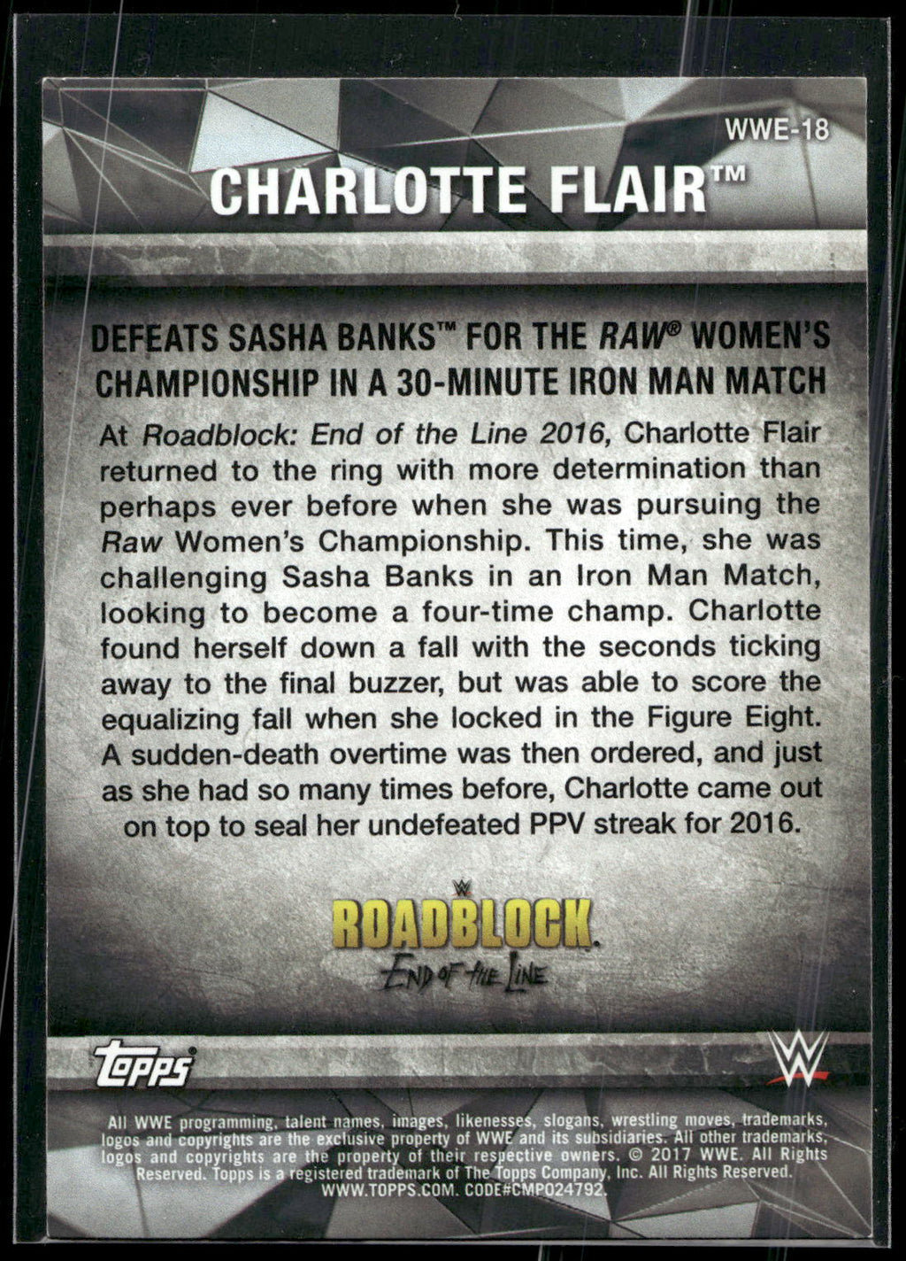 2017 Topps WWE Women's Division #WWE-18 Charlotte WWE Matches and Moments