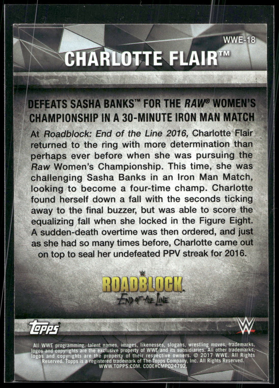 2017 Topps WWE Women's Division #WWE-18 Charlotte WWE Matches and Moments