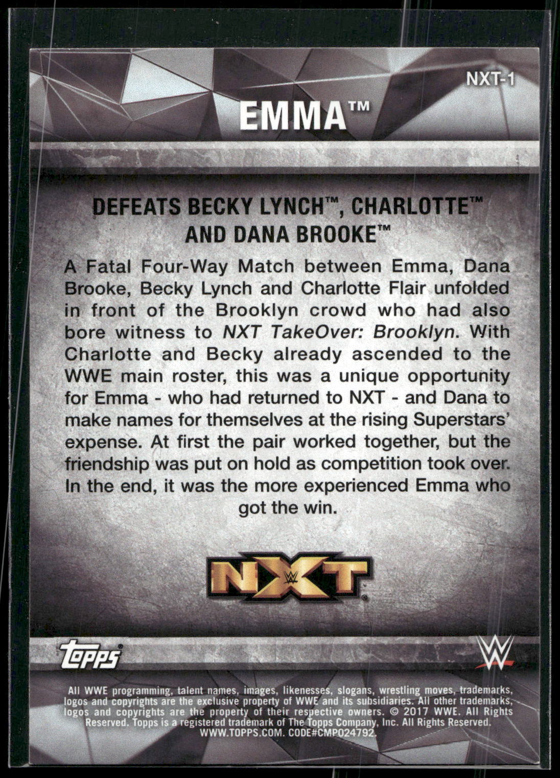 2017 Topps WWE Women's Division #NXT-1 Emma NXT Matches and Moments