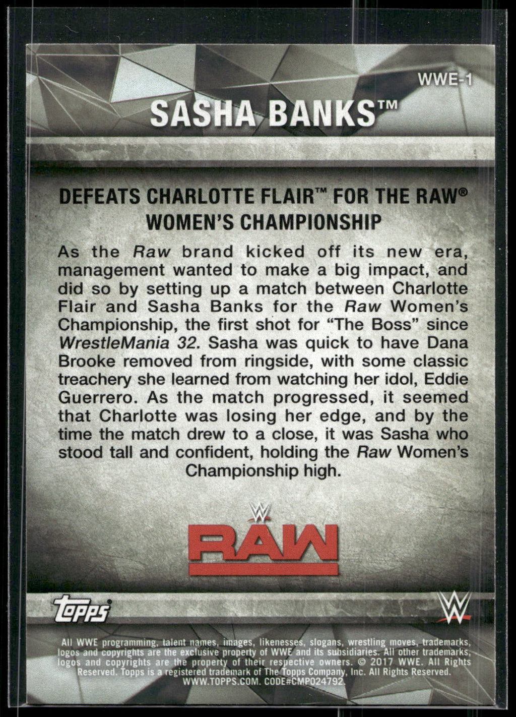 2017 Topps WWE Women's Division #WWE-1 Sasha Banks WWE Matches and Moments