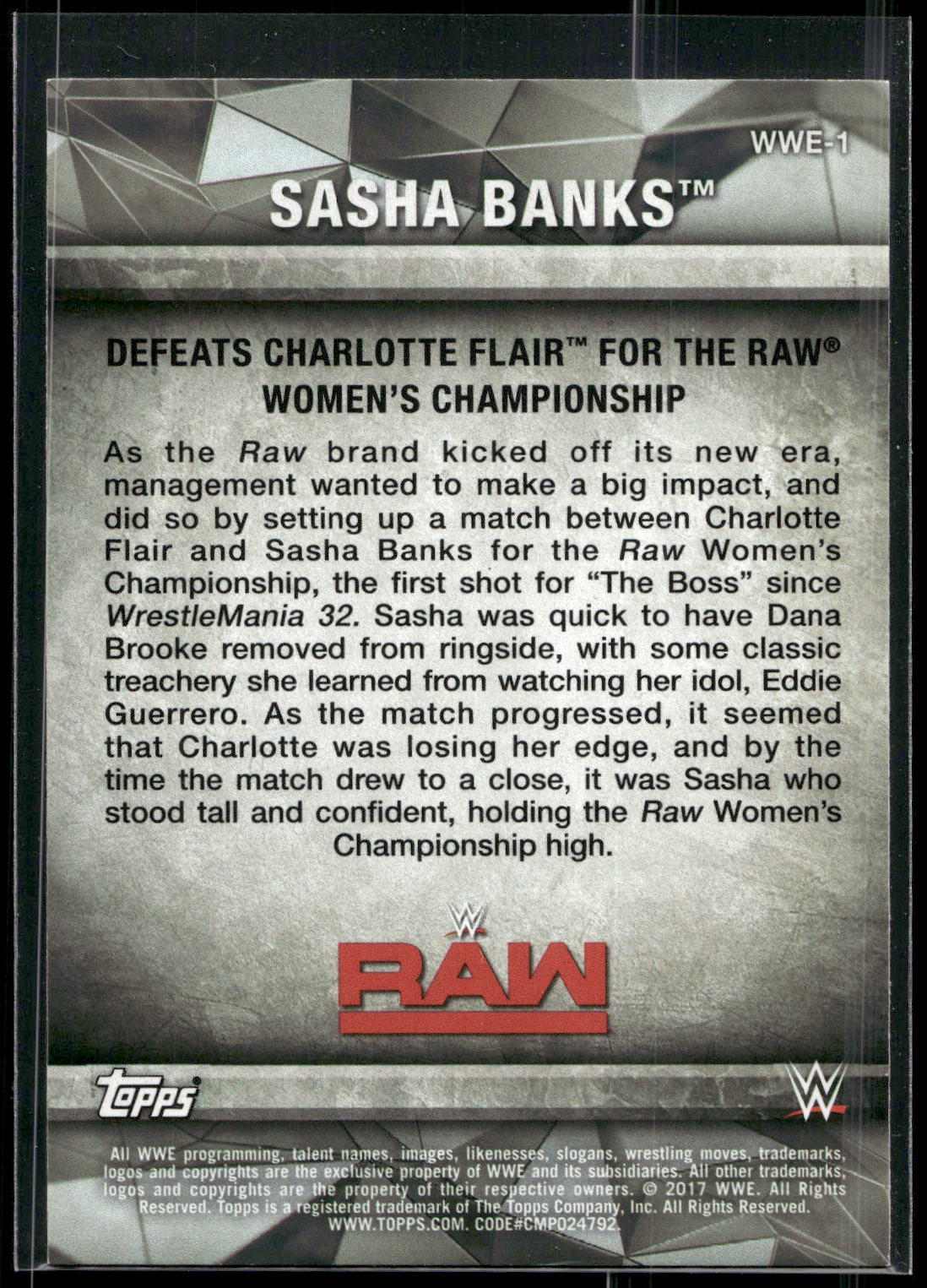 2017 Topps WWE Women's Division #WWE-1 Sasha Banks WWE Matches and Moments