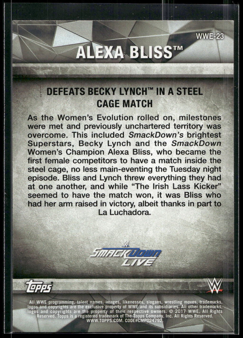 2017 Topps WWE Women's Division #WWE-23 Alexa Bliss WWE Matches and Moments