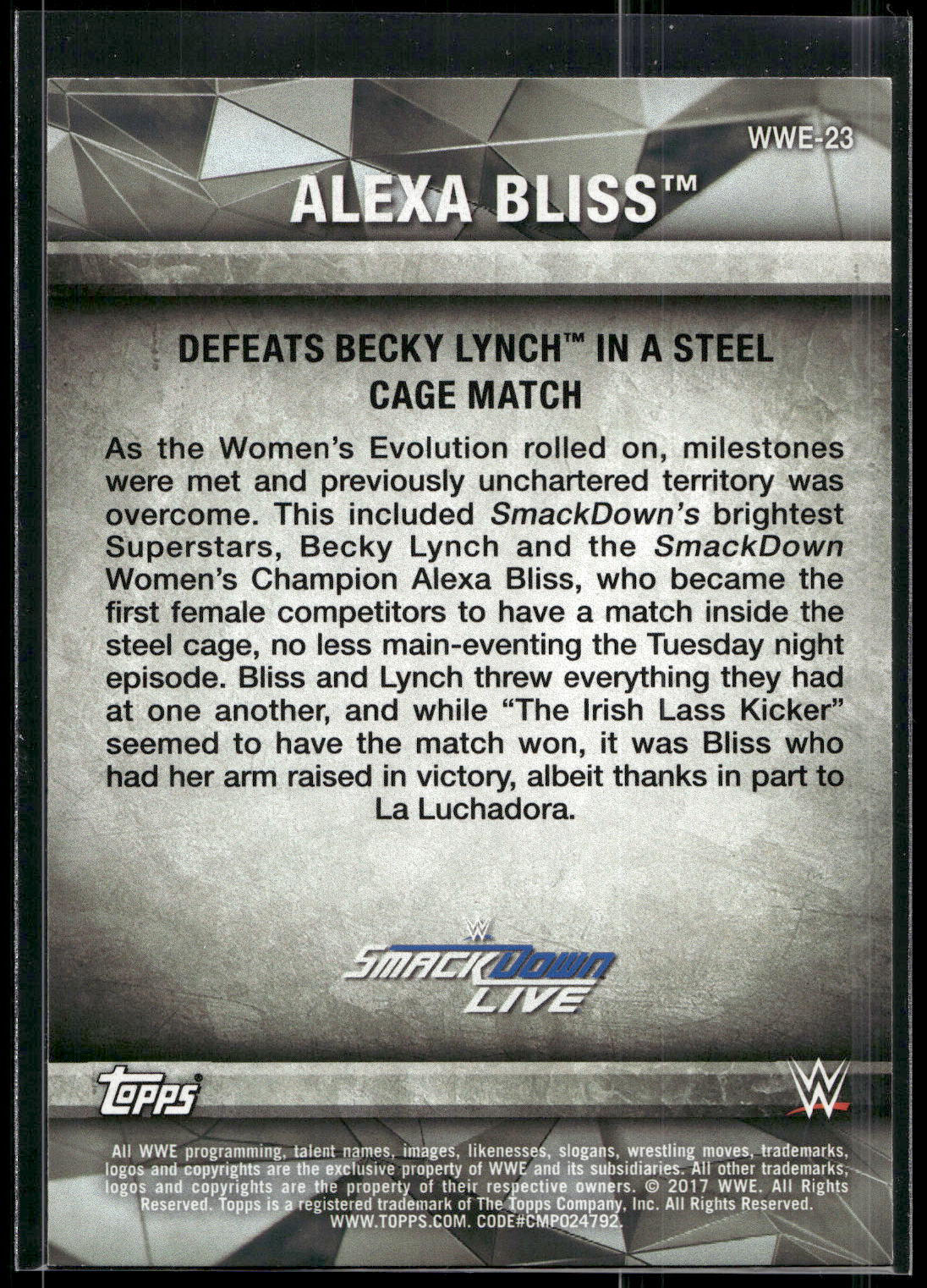 2017 Topps WWE Women's Division #WWE-23 Alexa Bliss WWE Matches and Moments