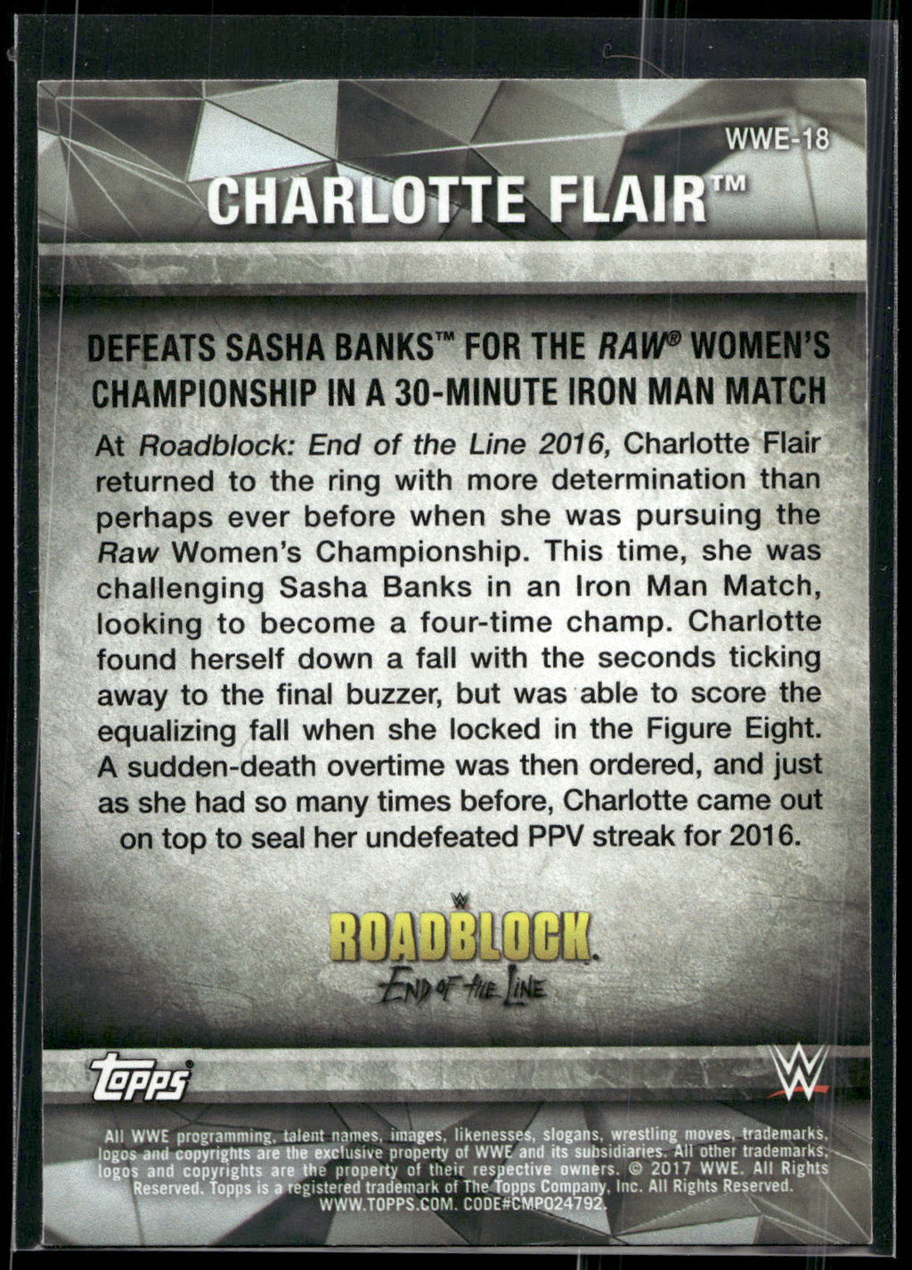 2017 Topps WWE Women's Division #WWE-18 Charlotte WWE Matches and Moments
