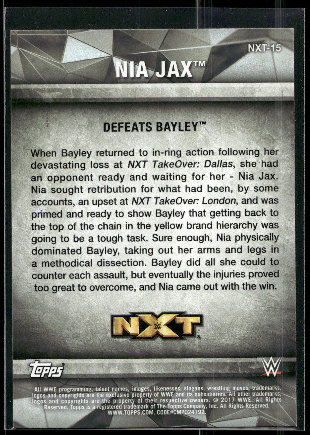 2017 Topps WWE Women's Division #NXT-15 Nia Jax NXT Matches and Moments