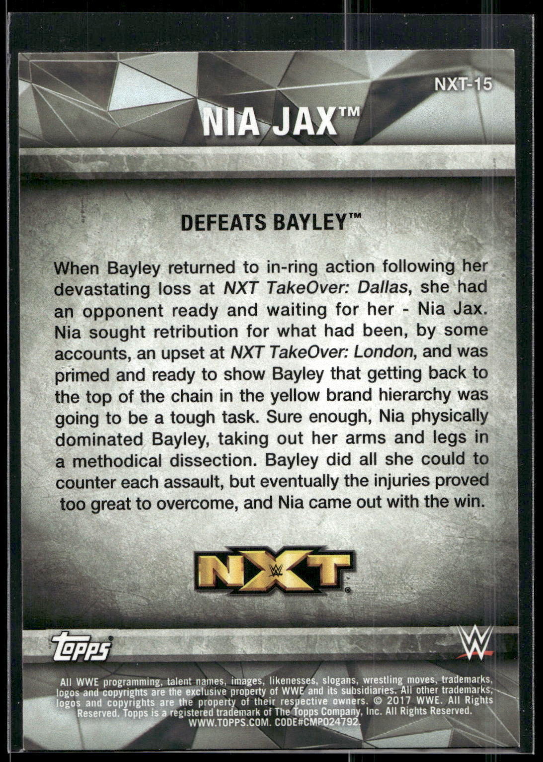 2017 Topps WWE Women's Division #NXT-15 Nia Jax NXT Matches and Moments