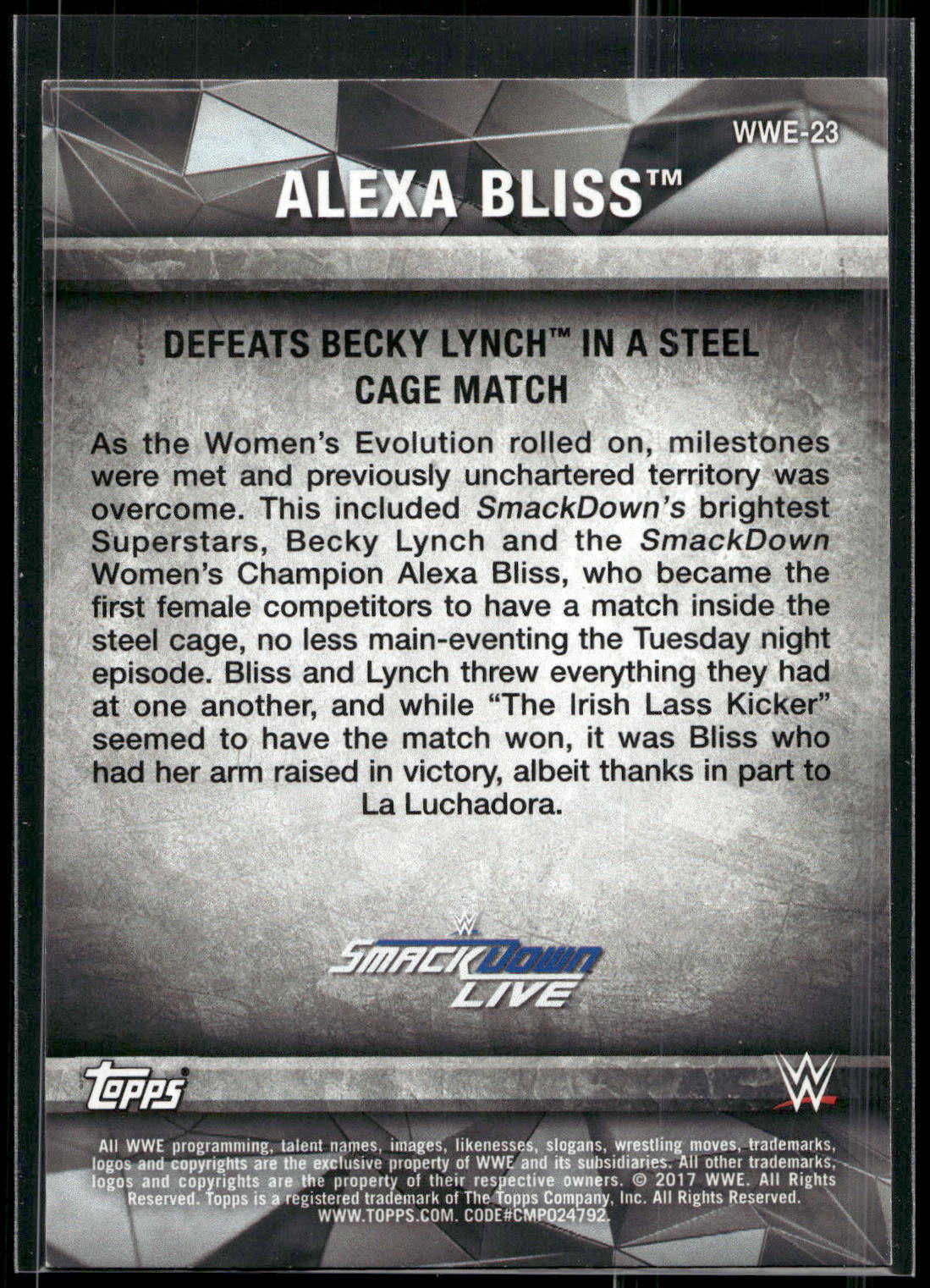 2017 Topps WWE Women's Division #WWE-23 Alexa Bliss WWE Matches and Moments