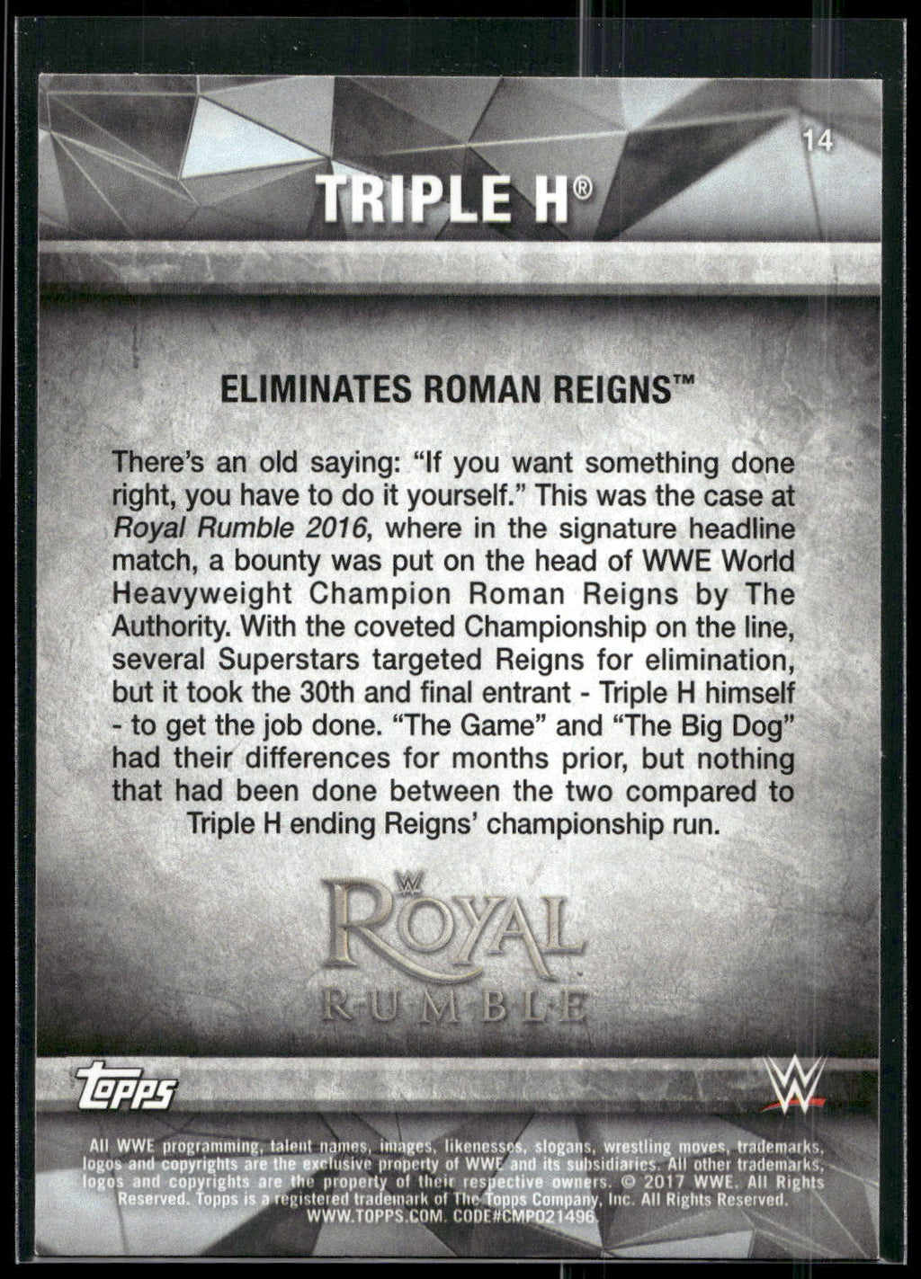 2017 Topps WWE Road To Wrestlemania #14 Triple H