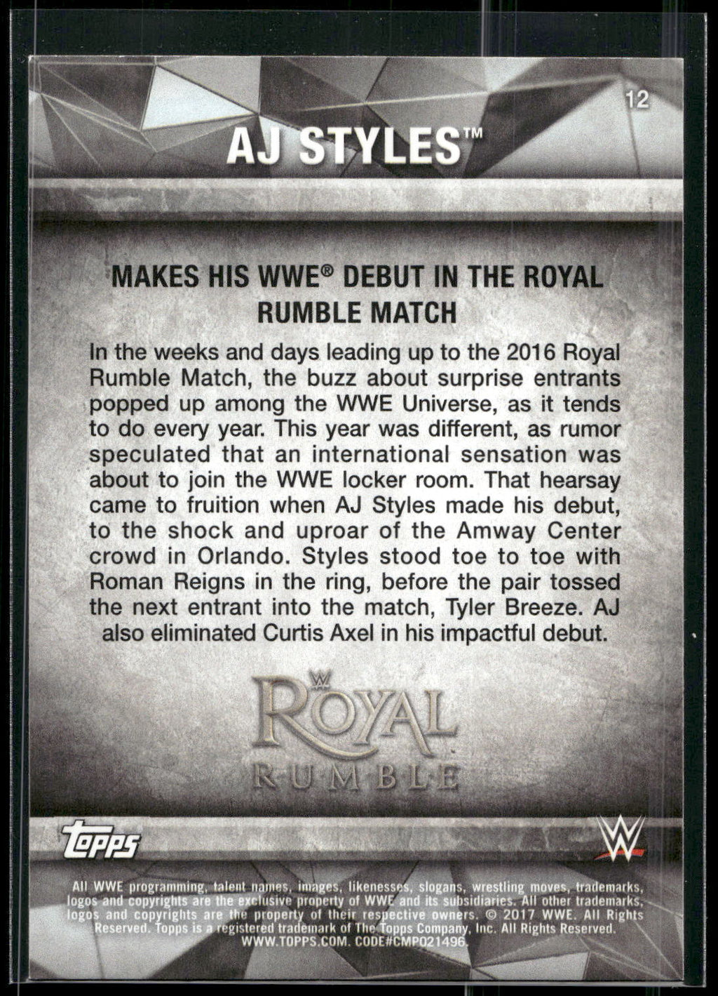 2017 Topps WWE Road To Wrestlemania #12 AJ Styles