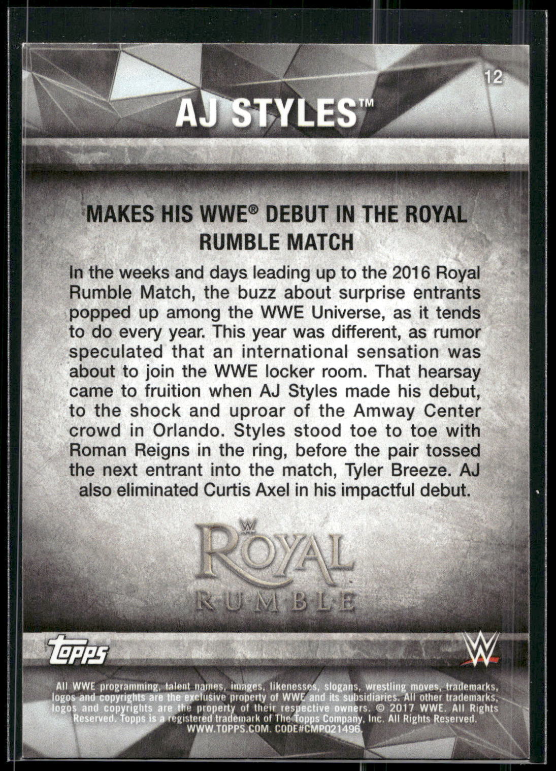 2017 Topps WWE Road To Wrestlemania #12 AJ Styles