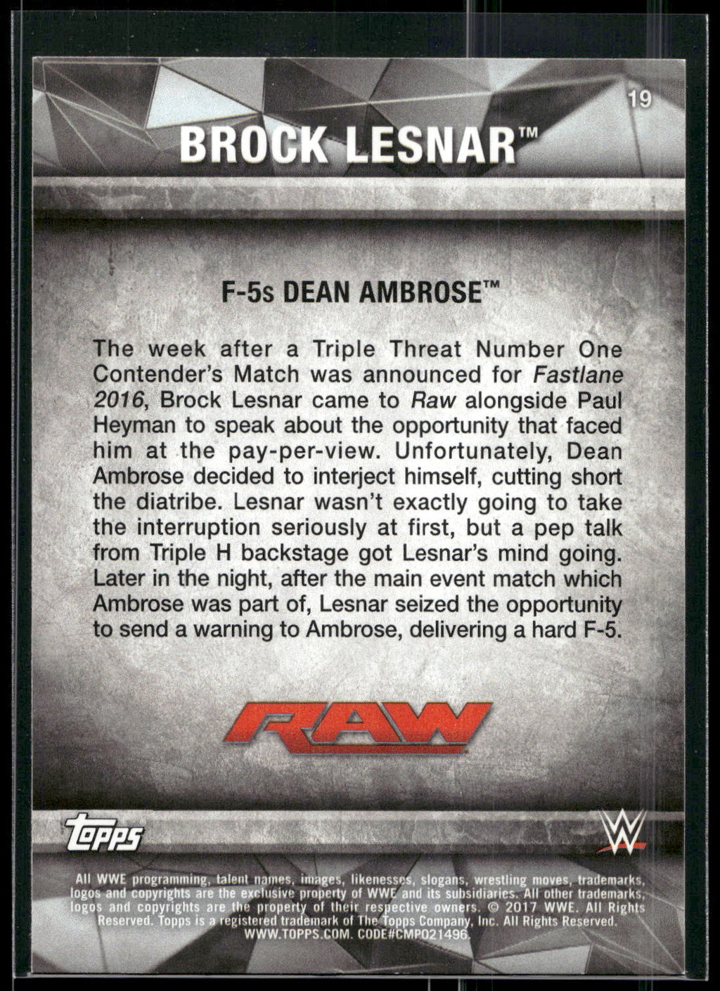 2017 Topps WWE Road To Wrestlemania #19 Brock Lesnar Bronze
