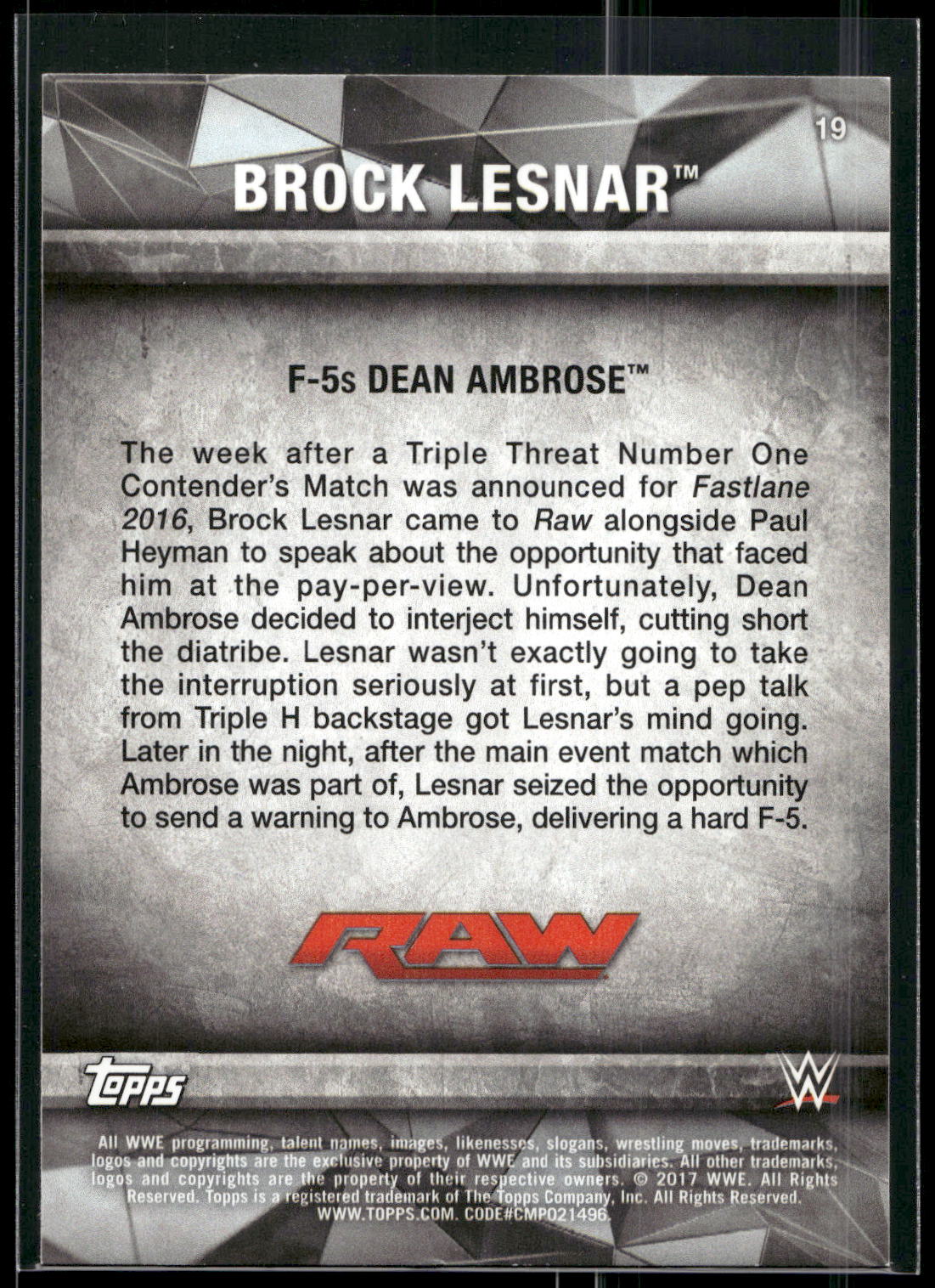 2017 Topps WWE Road To Wrestlemania #19 Brock Lesnar Bronze