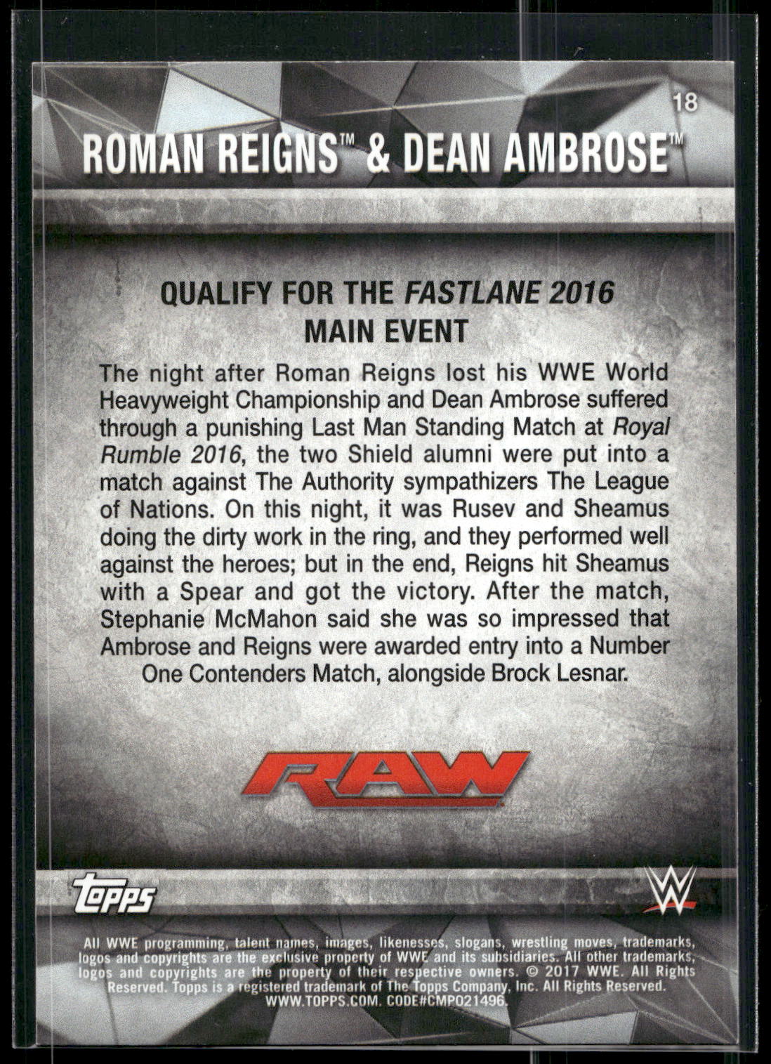 2017 Topps WWE Road To Wrestlemania #18 Roman Reigns / Dean Ambrose