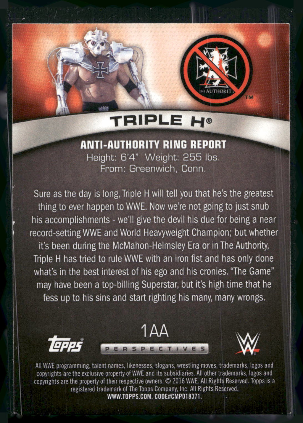 2016 Topps WWE #1AA Triple H Anti-Authority Ring Report