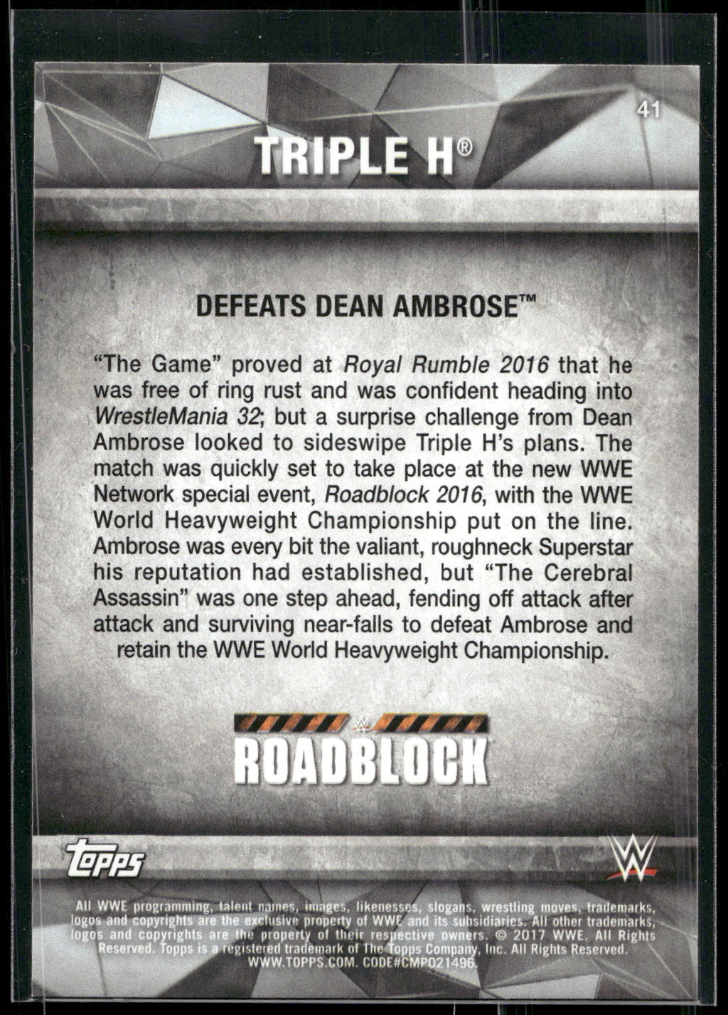 2017 Topps WWE Road To Wrestlemania #41 Triple H