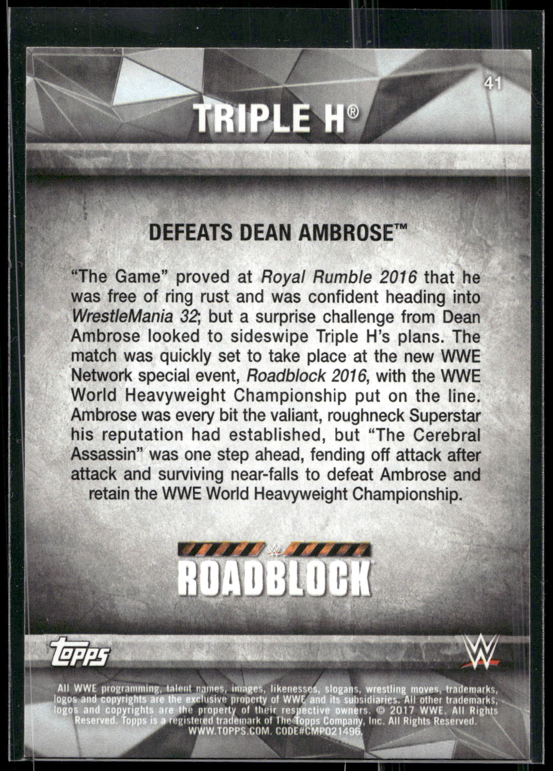 2017 Topps WWE Road To Wrestlemania #41 Triple H